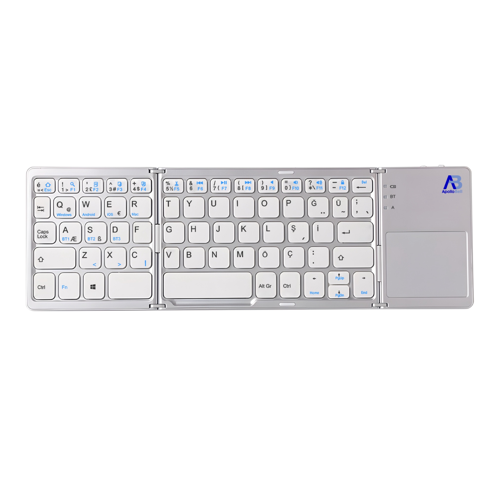 Katlanabilir Mini Bluetooth Klavye, Dokunmatik Yüzeyli Üç Katlı, Beyaz