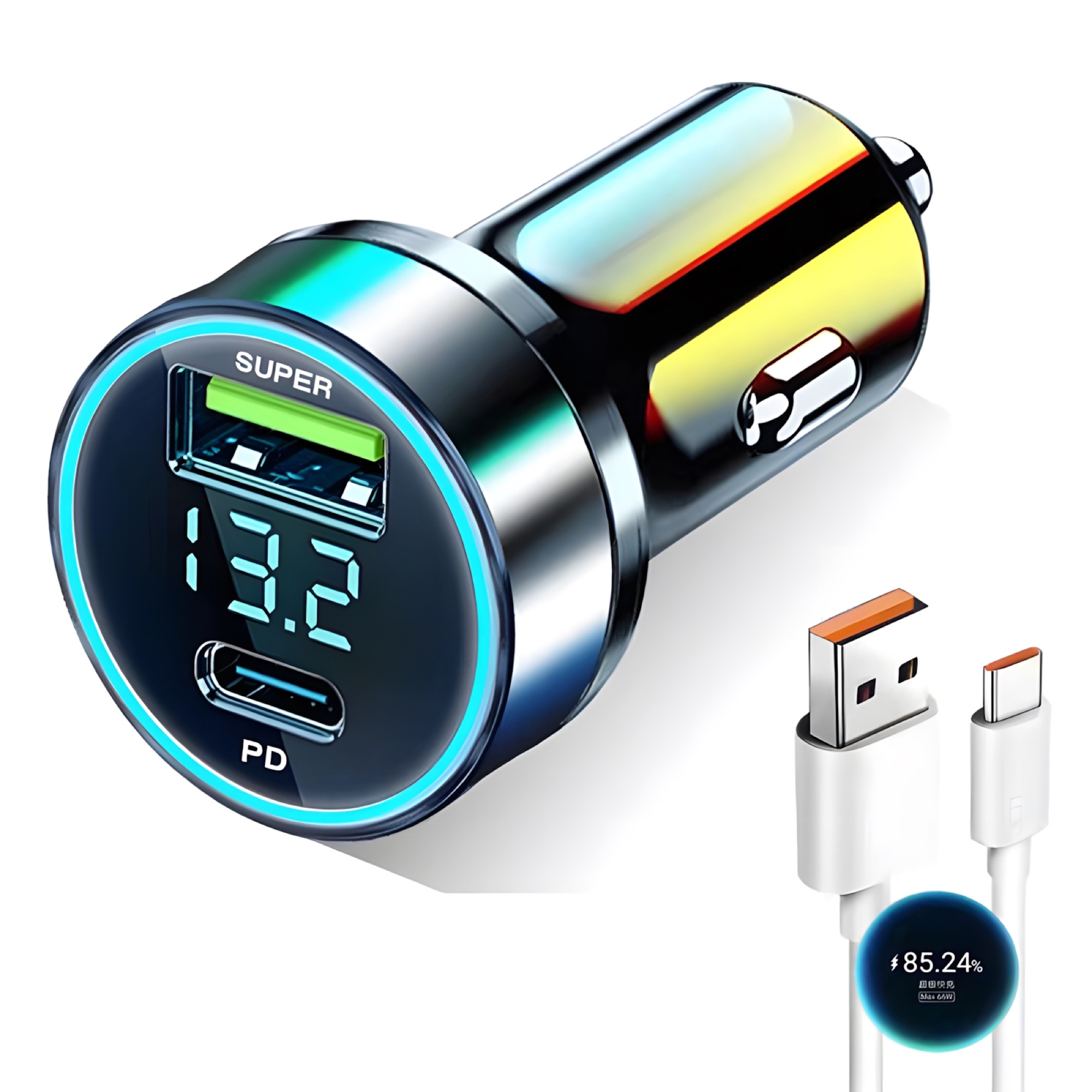 120W Dijital Ekranlı Araç Şarj Cihazı USB-A + PD Type-C, 6A Type-C Kablolu - 2