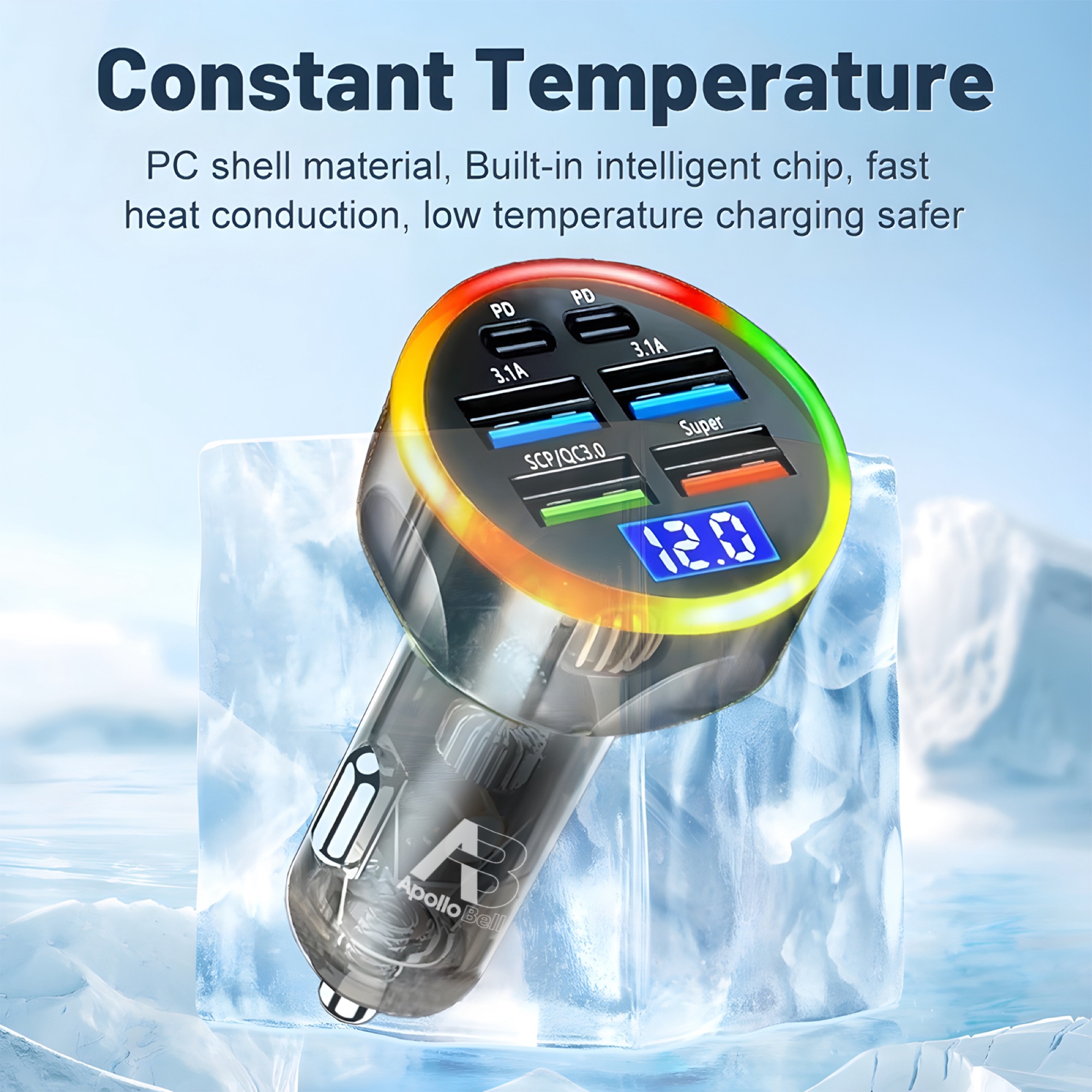 150W 6 Portlu Araç Şarj Cihazı, Voltaj Göstergeli QC3.0 + PD Hızlı Şarj, Siyah - 7