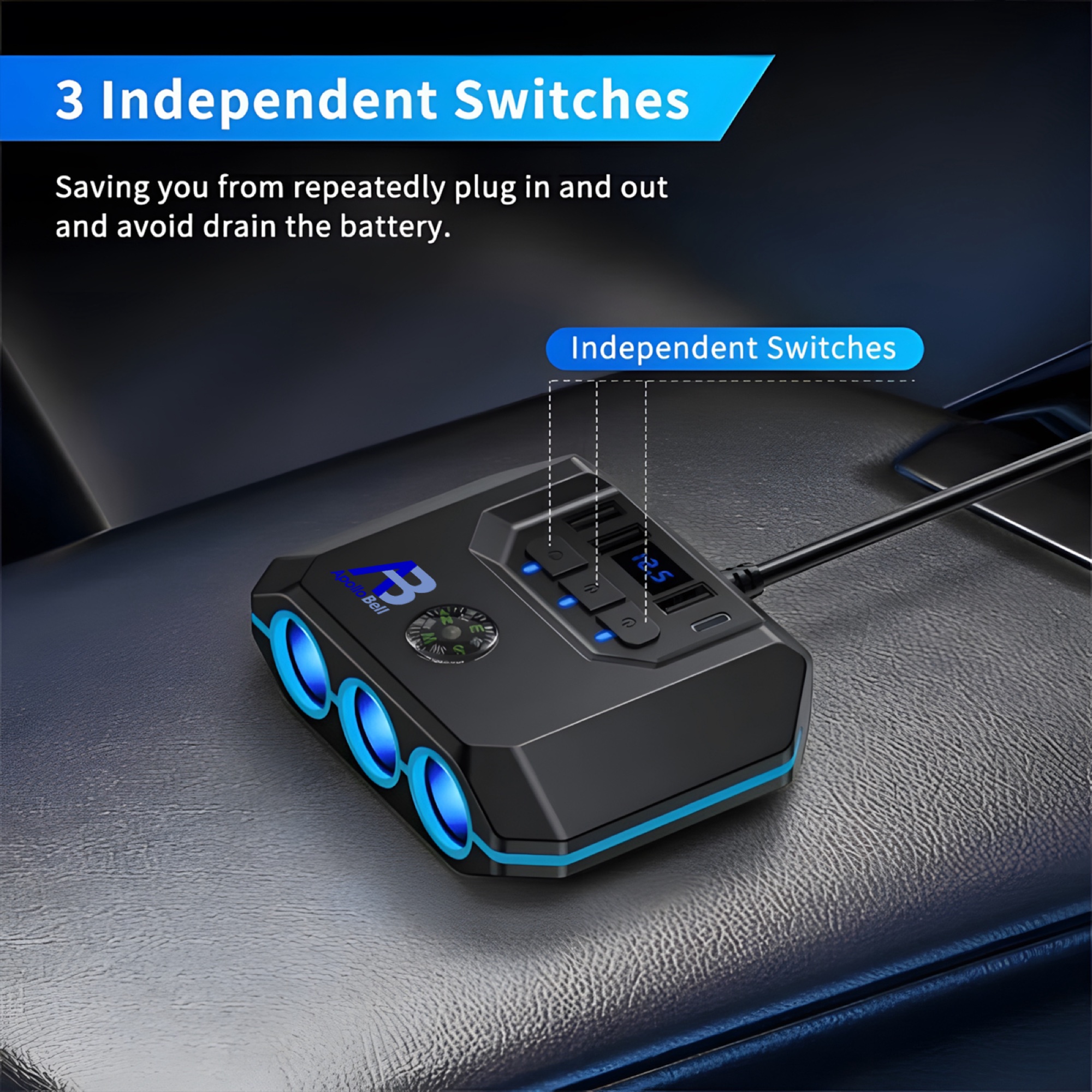 120W Araç Çakmak Çoğaltıcı 3 Çakmak Soketi + 3 USB-A + Type-C, Voltaj Göstergeli, Siyah - 12