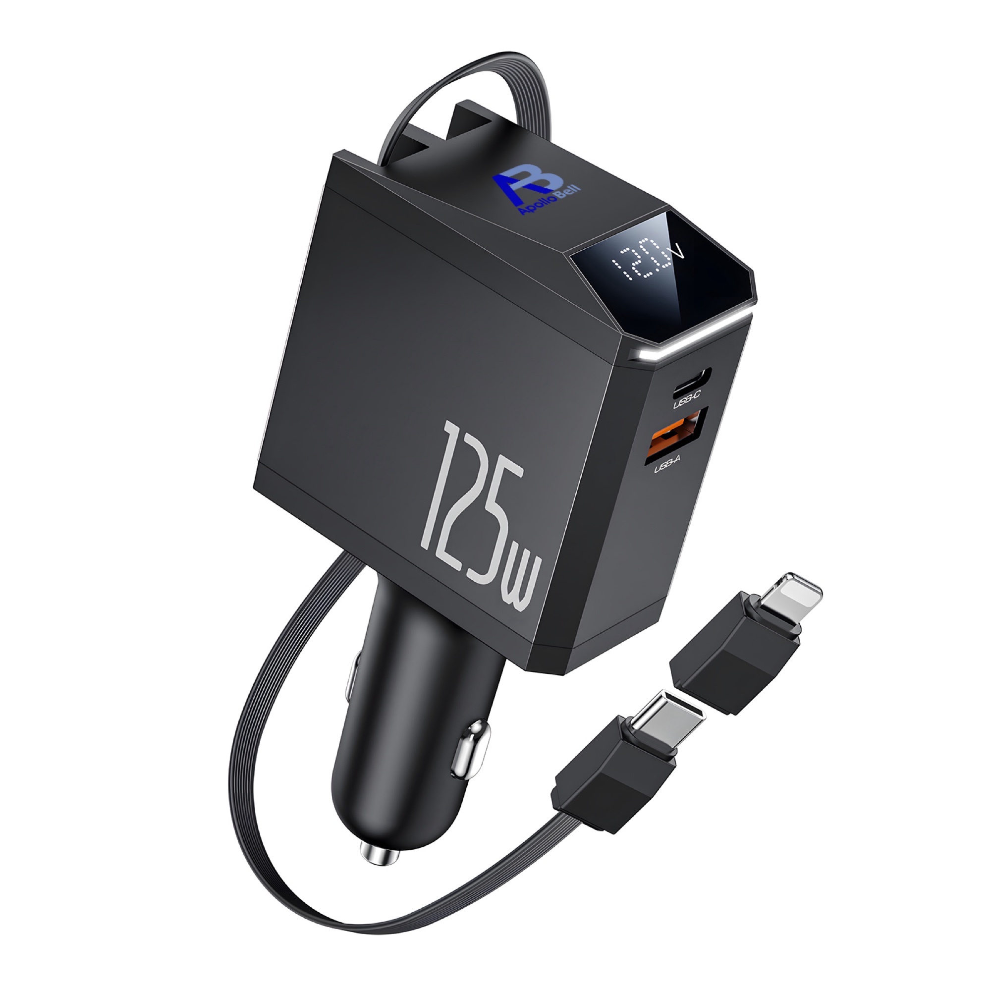 125W Araç Şarj Cihazı USB-A + USB-C, 65W Makaralı Type-C Kablo ve iP Adaptörlü, Siyah