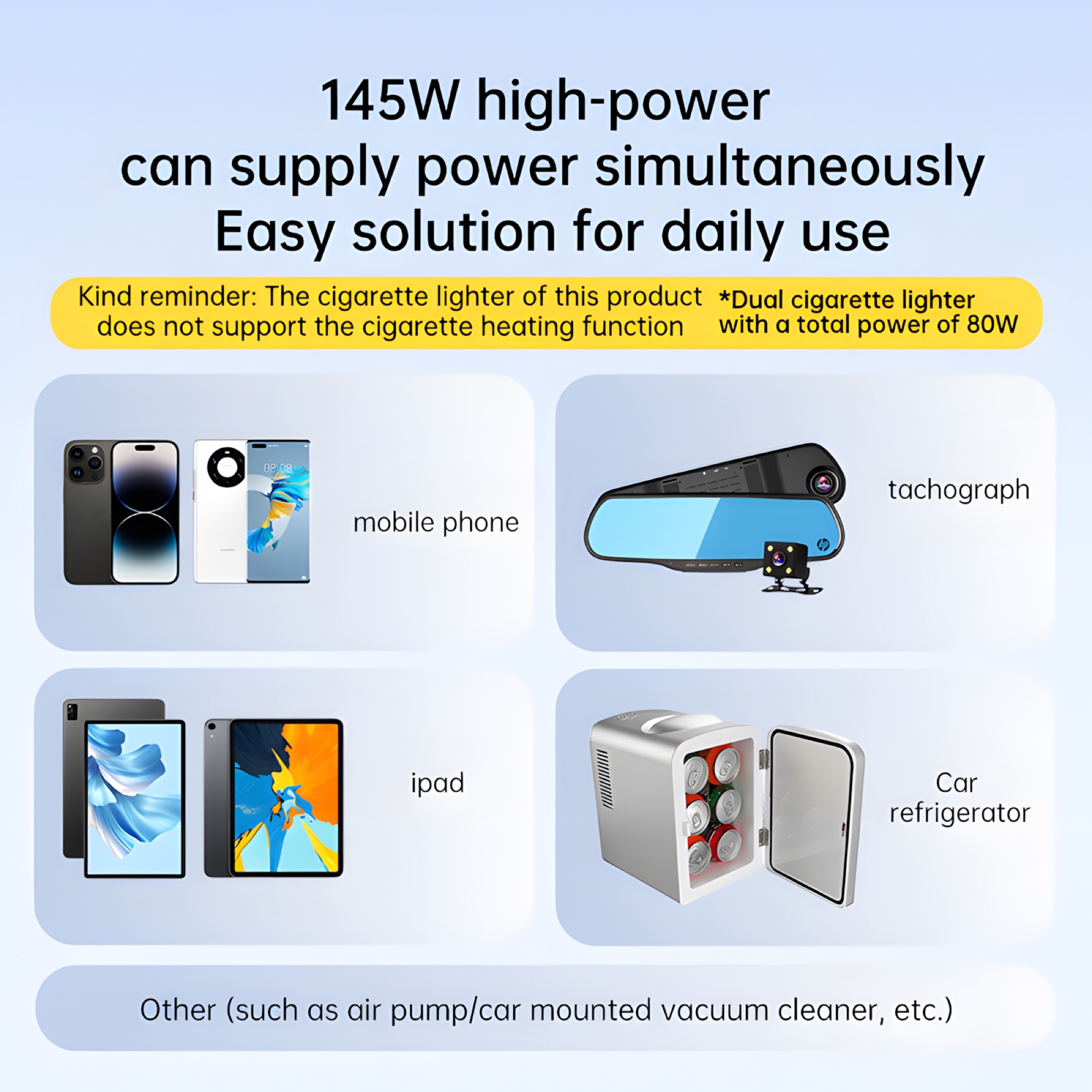 2 USB + 2 Type-C Portlu Araç Şarj Cihazı 145W, Çift Çakmak Soketli ve Dijital Voltaj Ekranlı, Siyah - 5