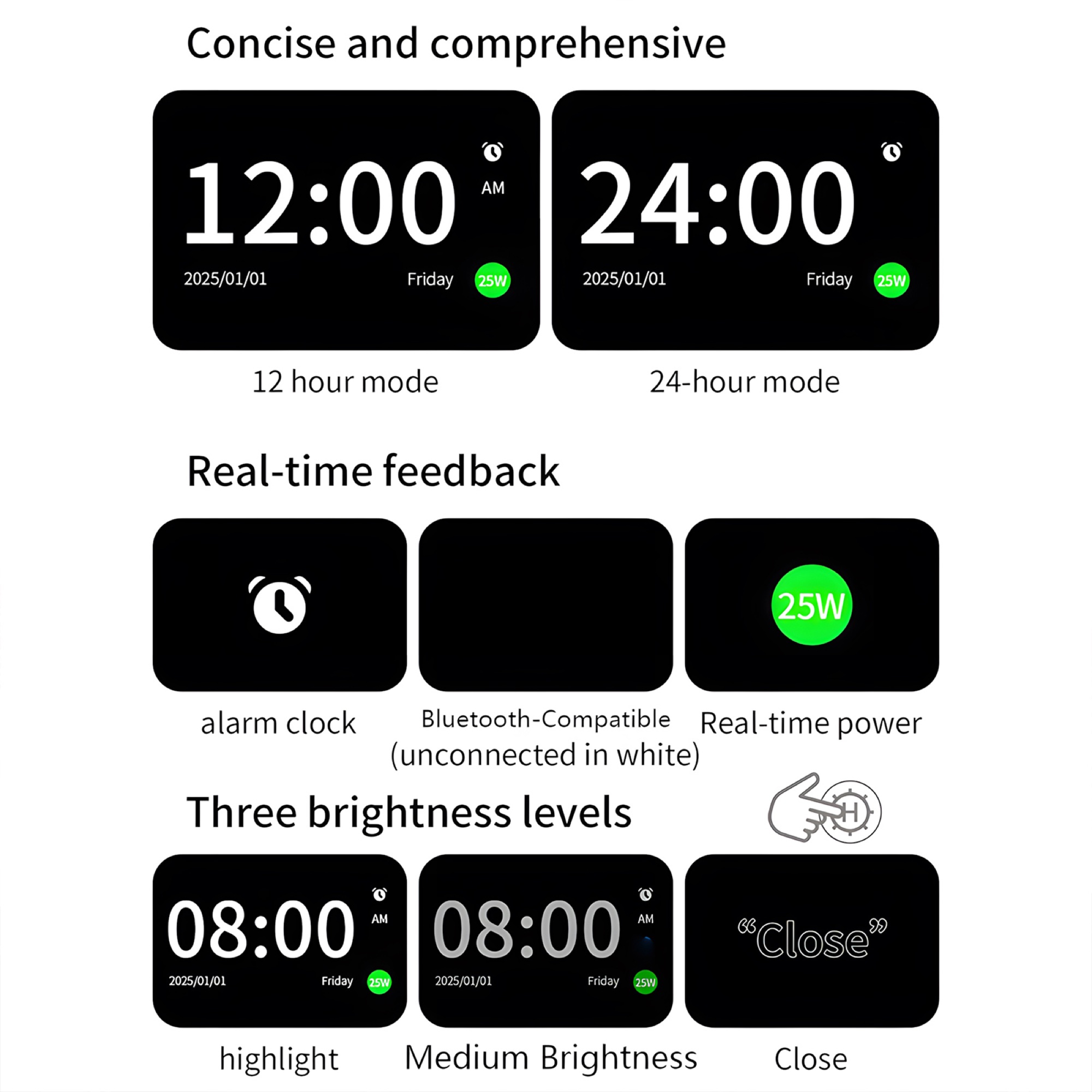 5'i 1 Arada Qi2.2 Manyetik Kablosuz Şarj Cihazı 25W, Bluetooth Hoparlör + Alarm Saati + Gece Lambası, Siyah - 9
