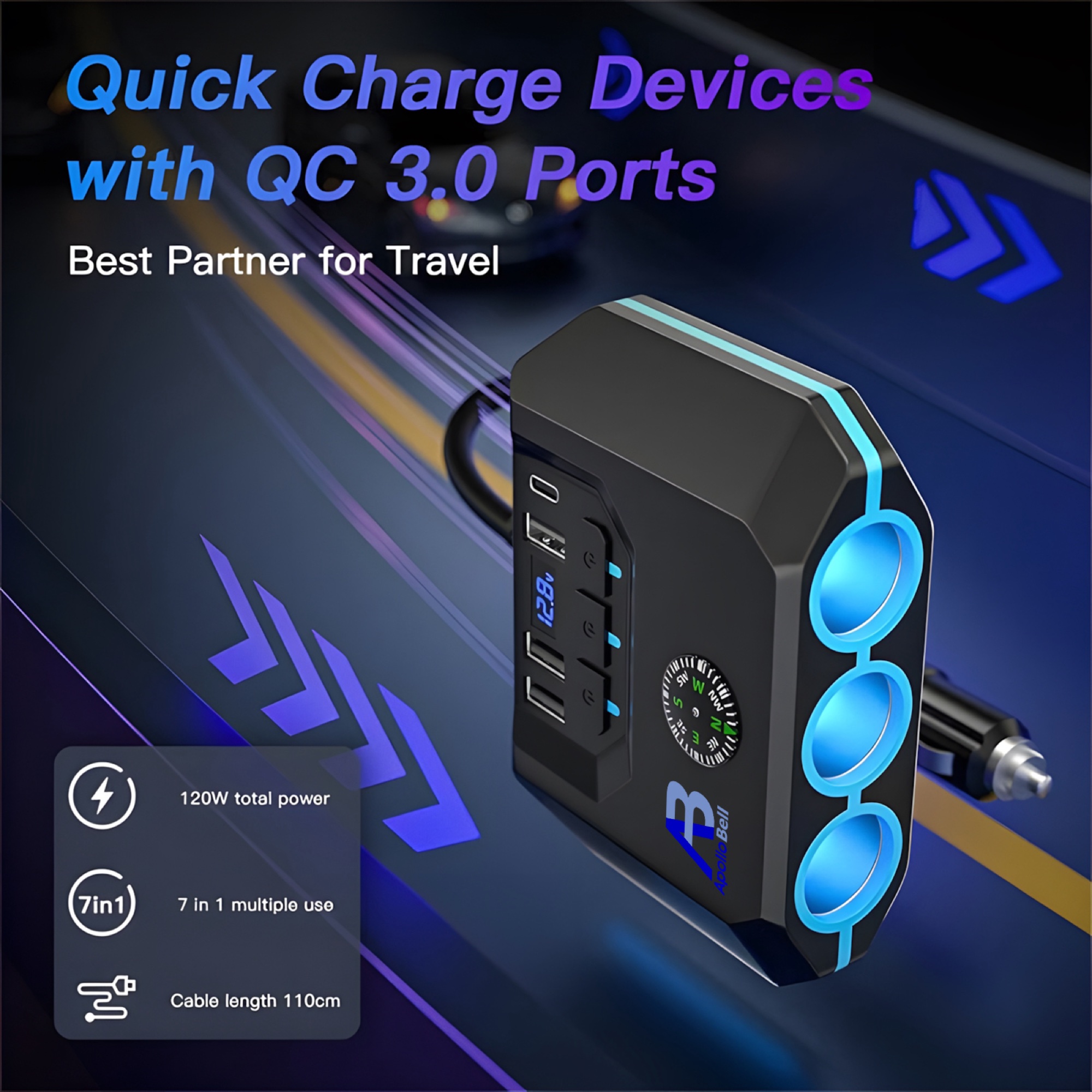 120W Araç Çakmak Çoğaltıcı 3 Çakmak Soketi + 3 USB-A + Type-C, Voltaj Göstergeli, Siyah - 9