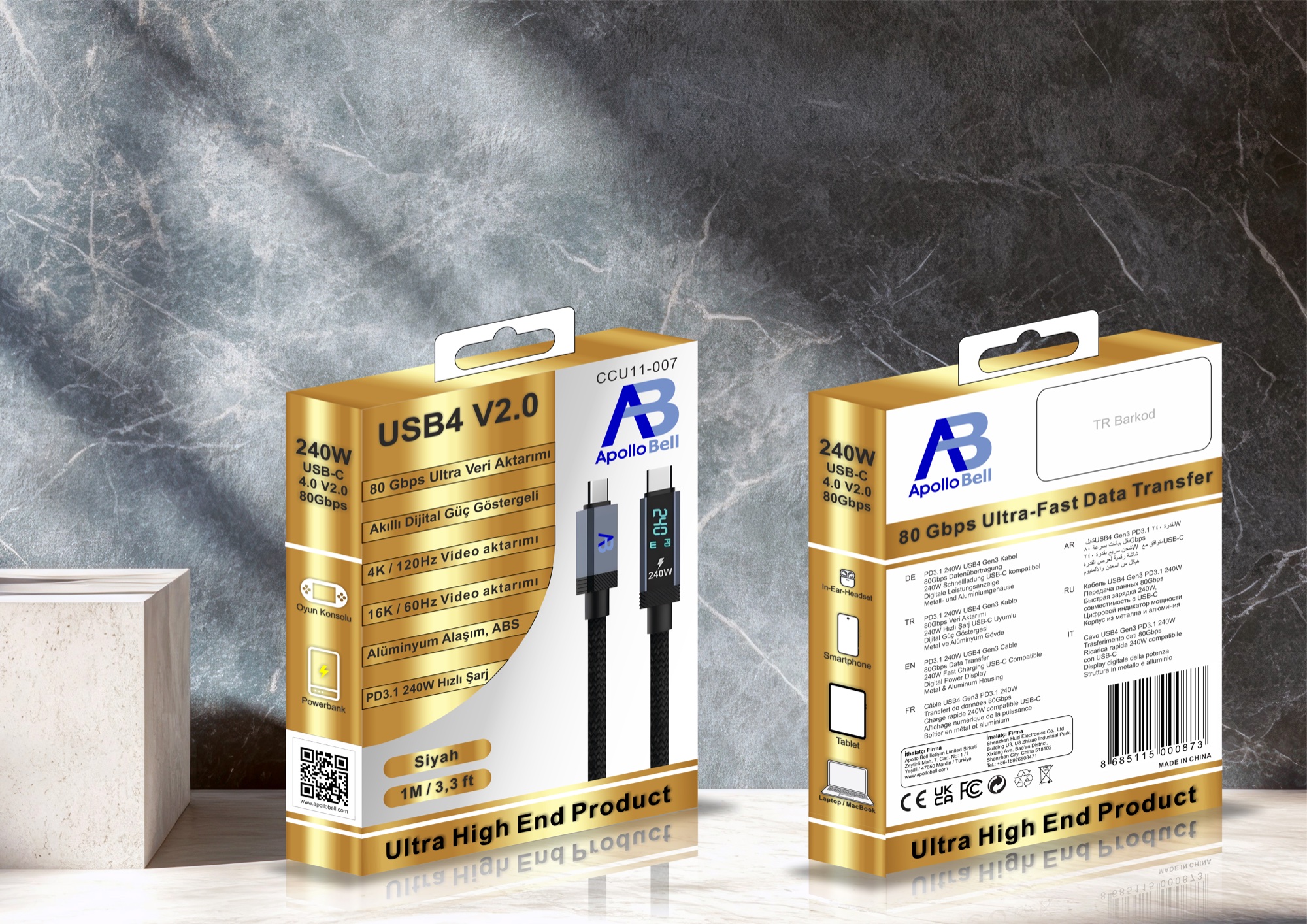 USB4 V2.0 Kablo 240W / 80Gbps Dijital Ekranlı Örgülü USB-C, 100cm Siyah