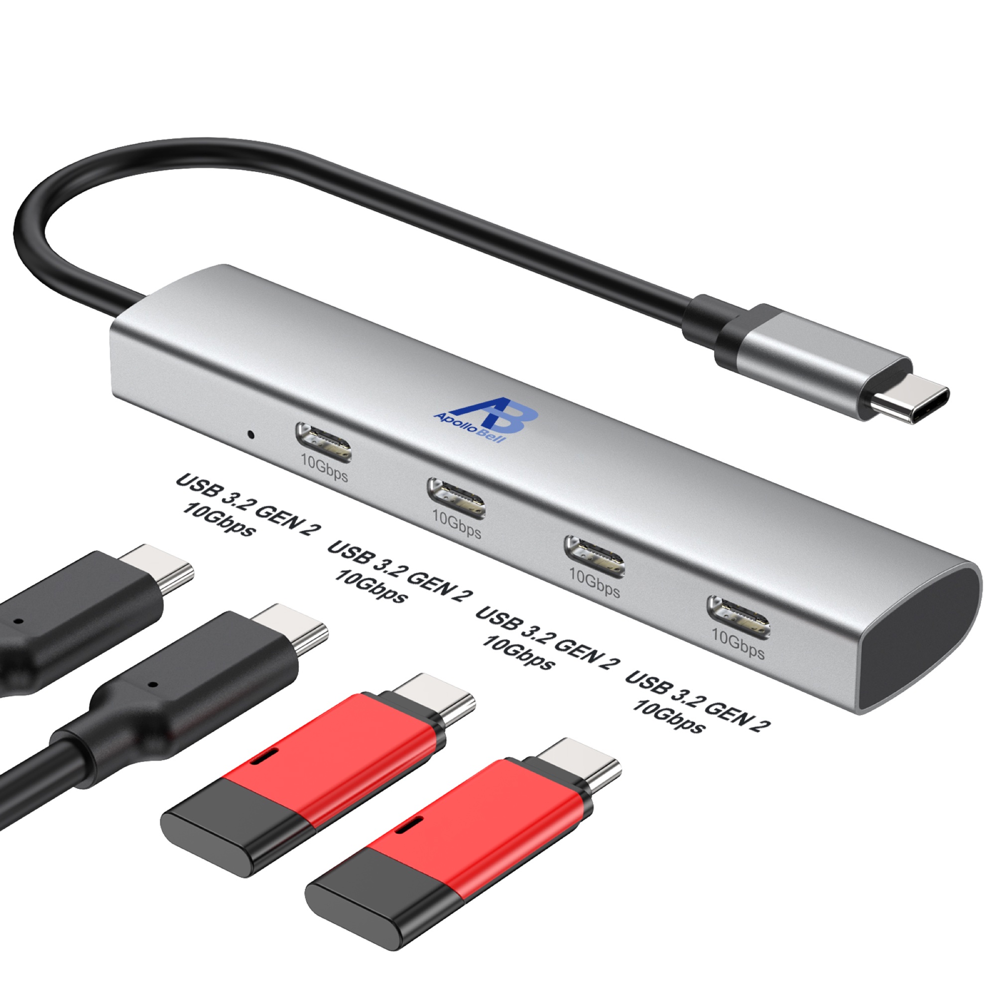 4 Portlu USB-C 3.2 Gen 2 Hub, 4x USB-C 10Gbps, Alüminyum, Gri - 2