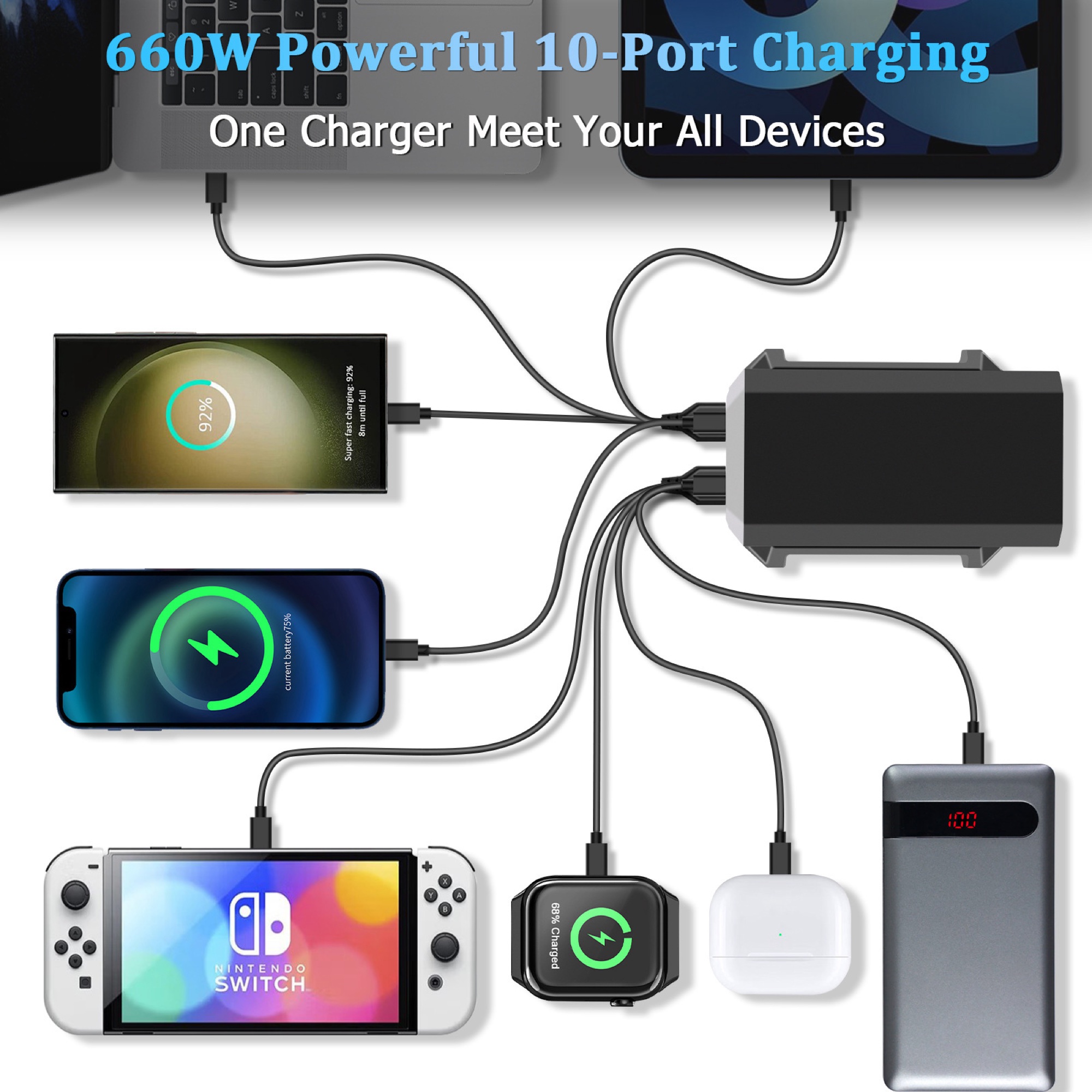 660W GaN Pro USB-C 10 Portlu Ultra Hızlı Masaüstü Şarj İstasyonu, Siyah - 4