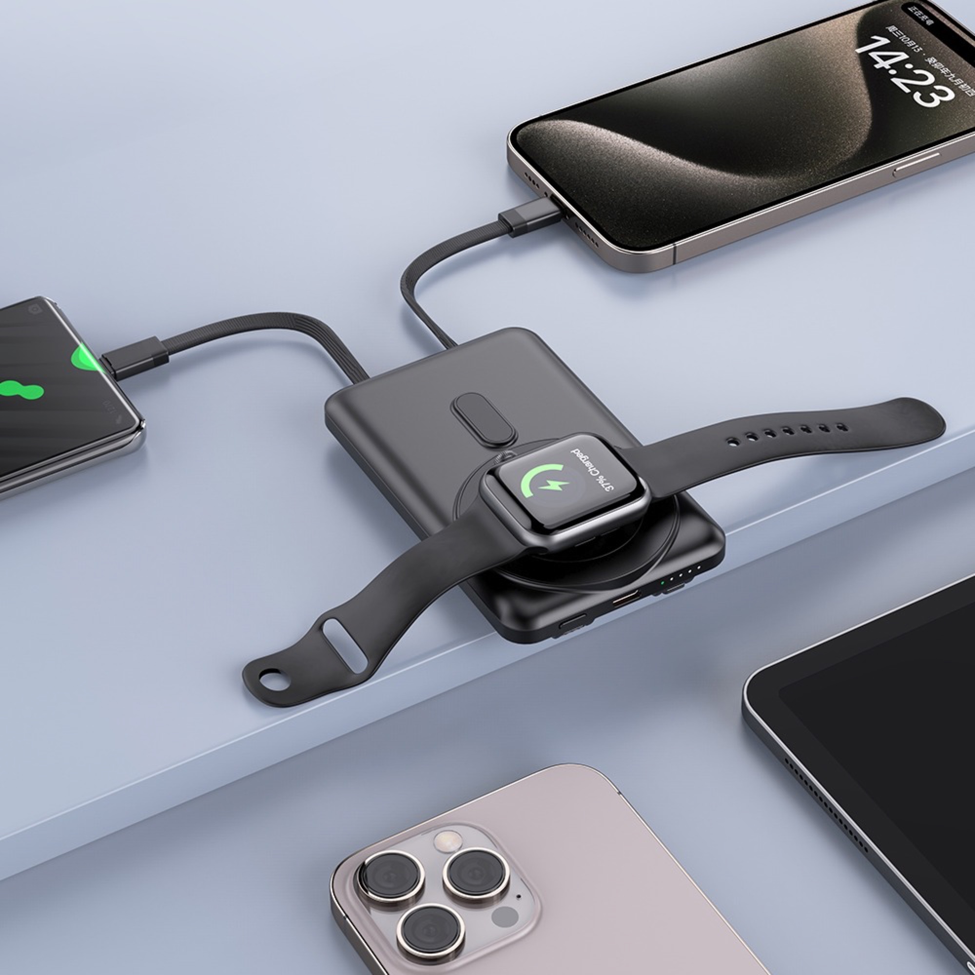 5.000mAh 3'ü 1 Arada Manyetik Kablosuz Powerbank, Dahili USB-C Kablolu ve Standlı, Siyah - 5
