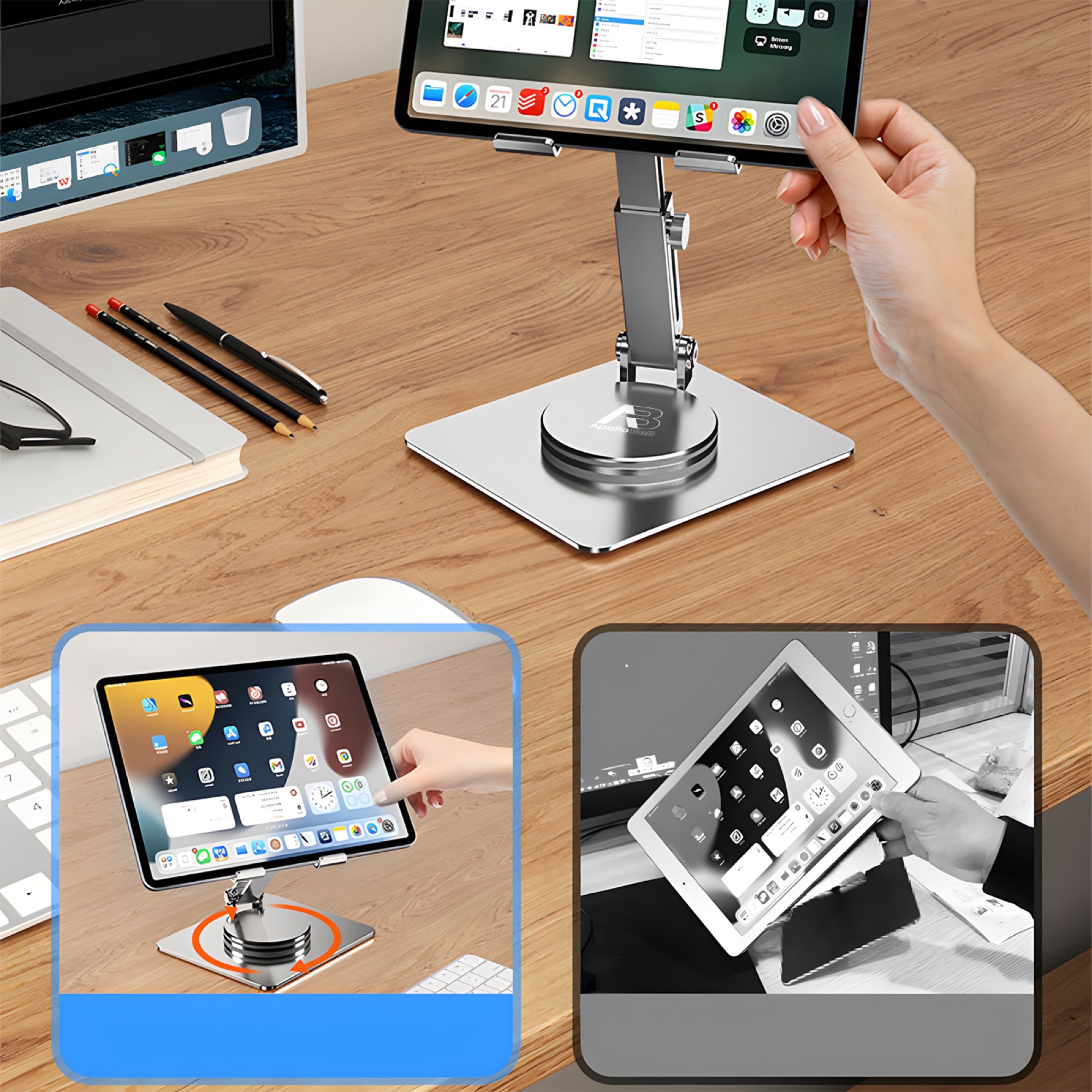 Katlanabilir Teleskopik Telefon ve Tablet Standı, Alüminyum 360° Döner - Gümüş - 4