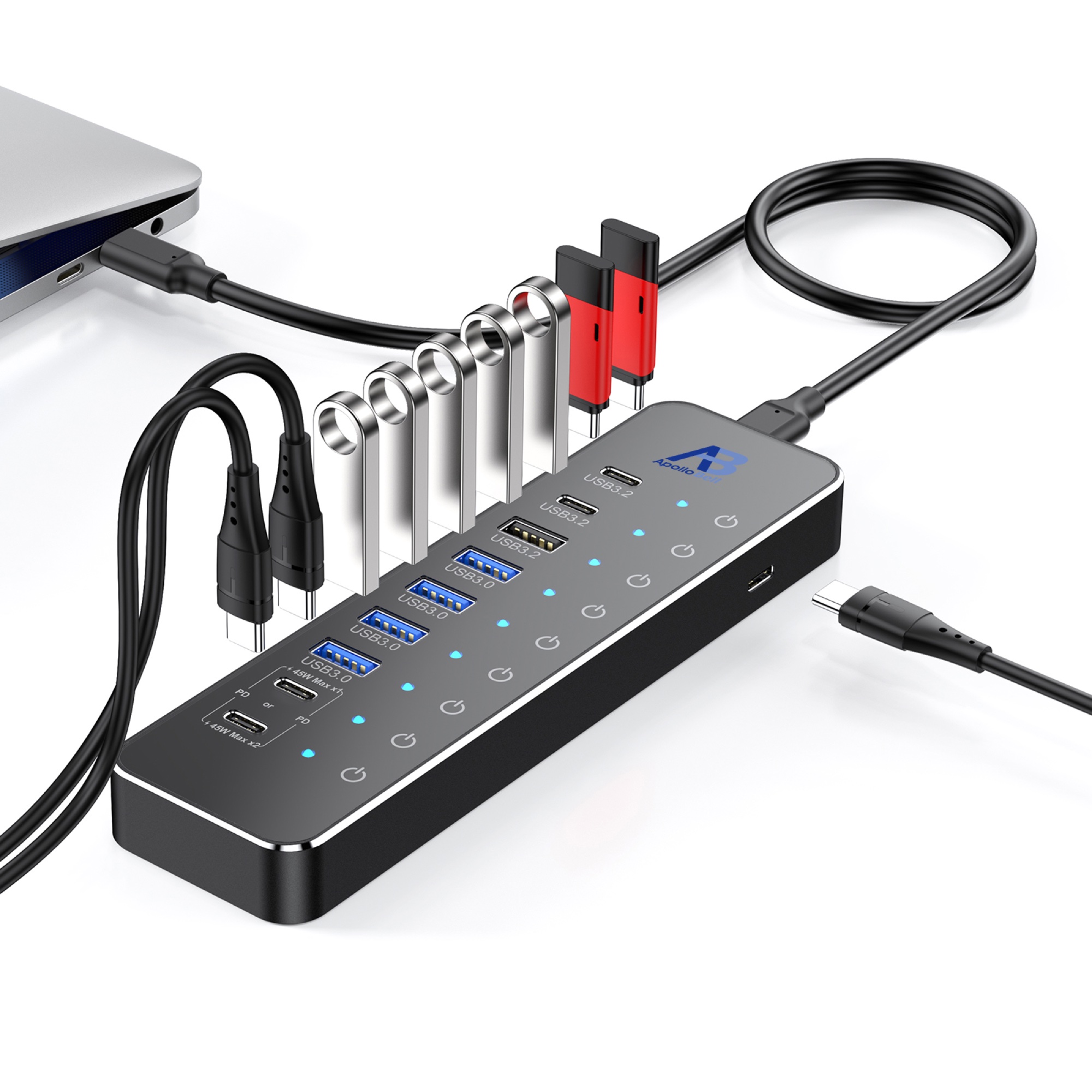 10 Portlu USB-C 3.2 Gen 2 Hub 10Gbps, 100W PD Şarj Portlu, Dokunmatik Anahtarlı, Siyah - 3