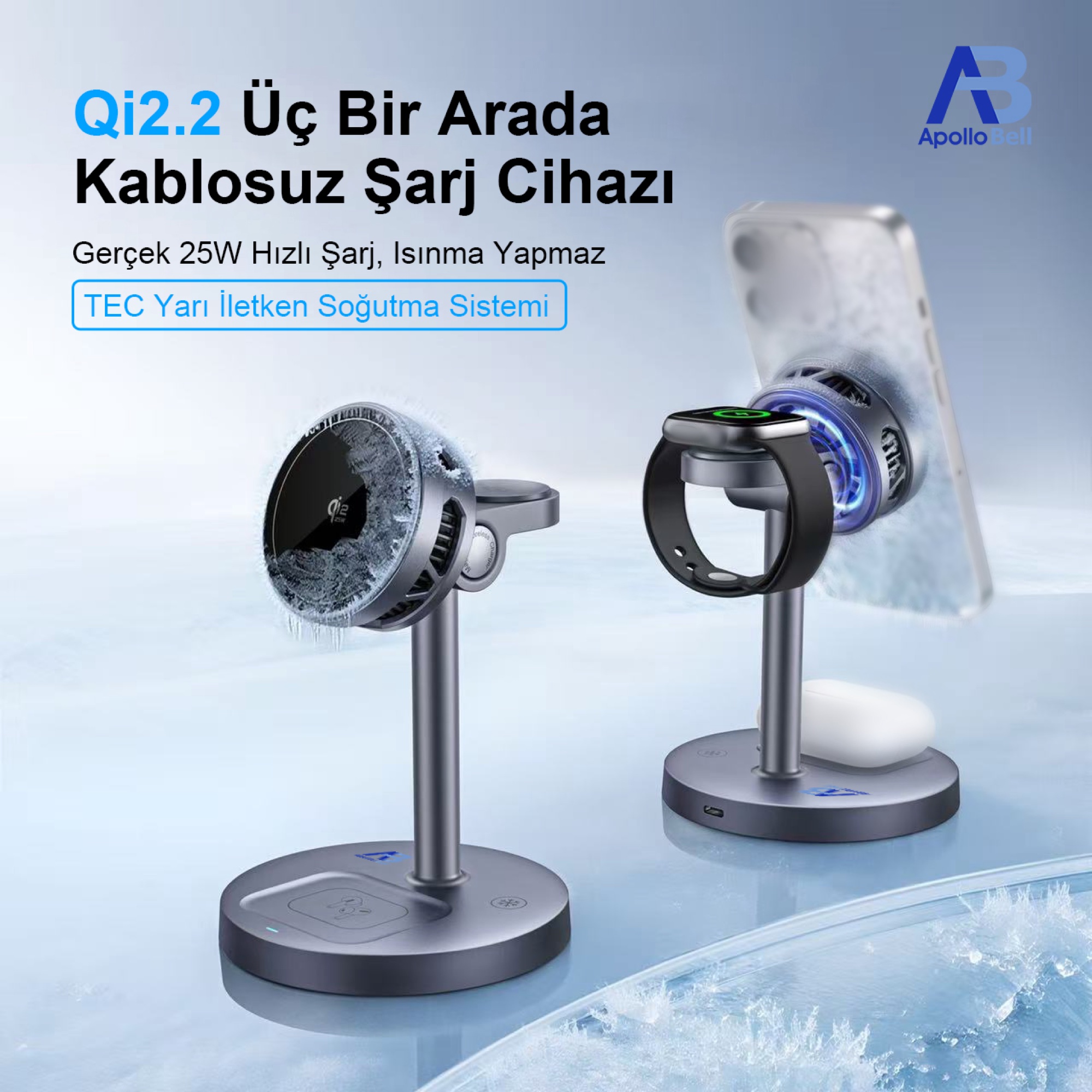 3'ü 1 Arada Qi2.2 Manyetik Kablosuz Şarj Cihazı 25W, TEC Soğutmalı, Gri - 2