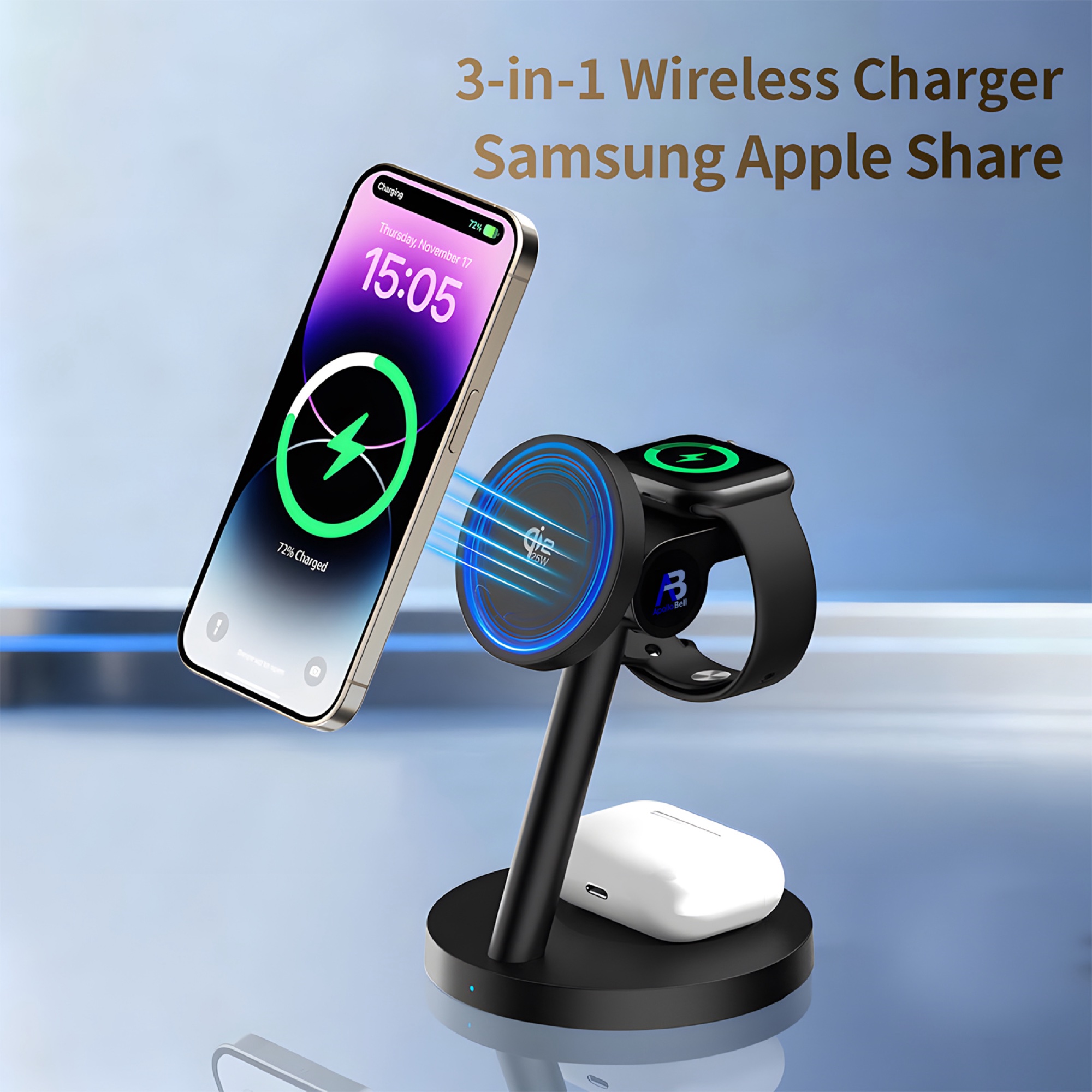 3'ü 1 Arada Qi2.2 Manyetik Kablosuz Şarj Standı 25W (Telefon, Saat, Kulaklık) - 2