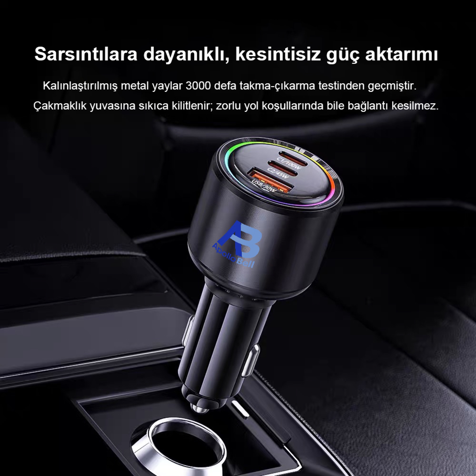 165W 3'ü 1 Arada Araç Şarj Cihazı, 2 Type-C + USB, RGB Işıklı Metal Gövde, Siyah - 2