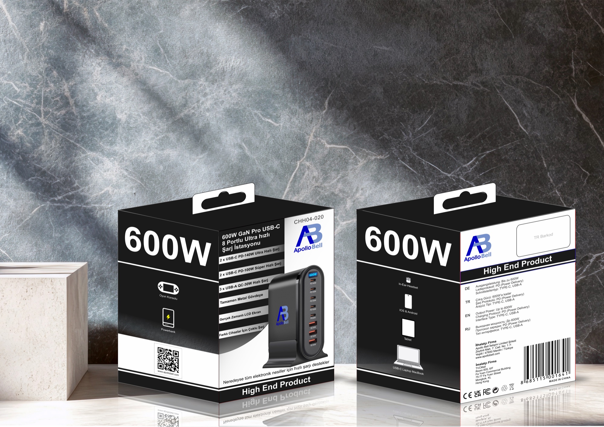 600W GaN Pro USB-C 8 Portlu Masaüstü Hızlı Şarj İstasyonu, LCD Ekranlı, Siyah - 3
