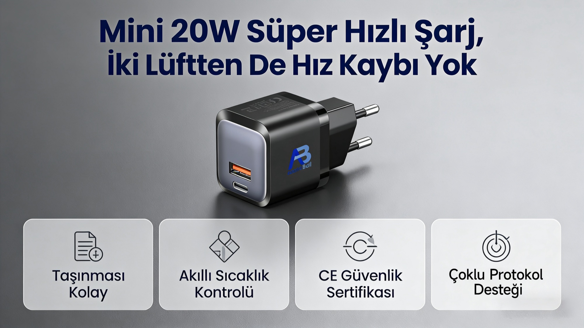 20W Mini GaN Pro Hızlı Şarj Cihazı, USB-C + USB-A, PD3.0, Siyah - 12