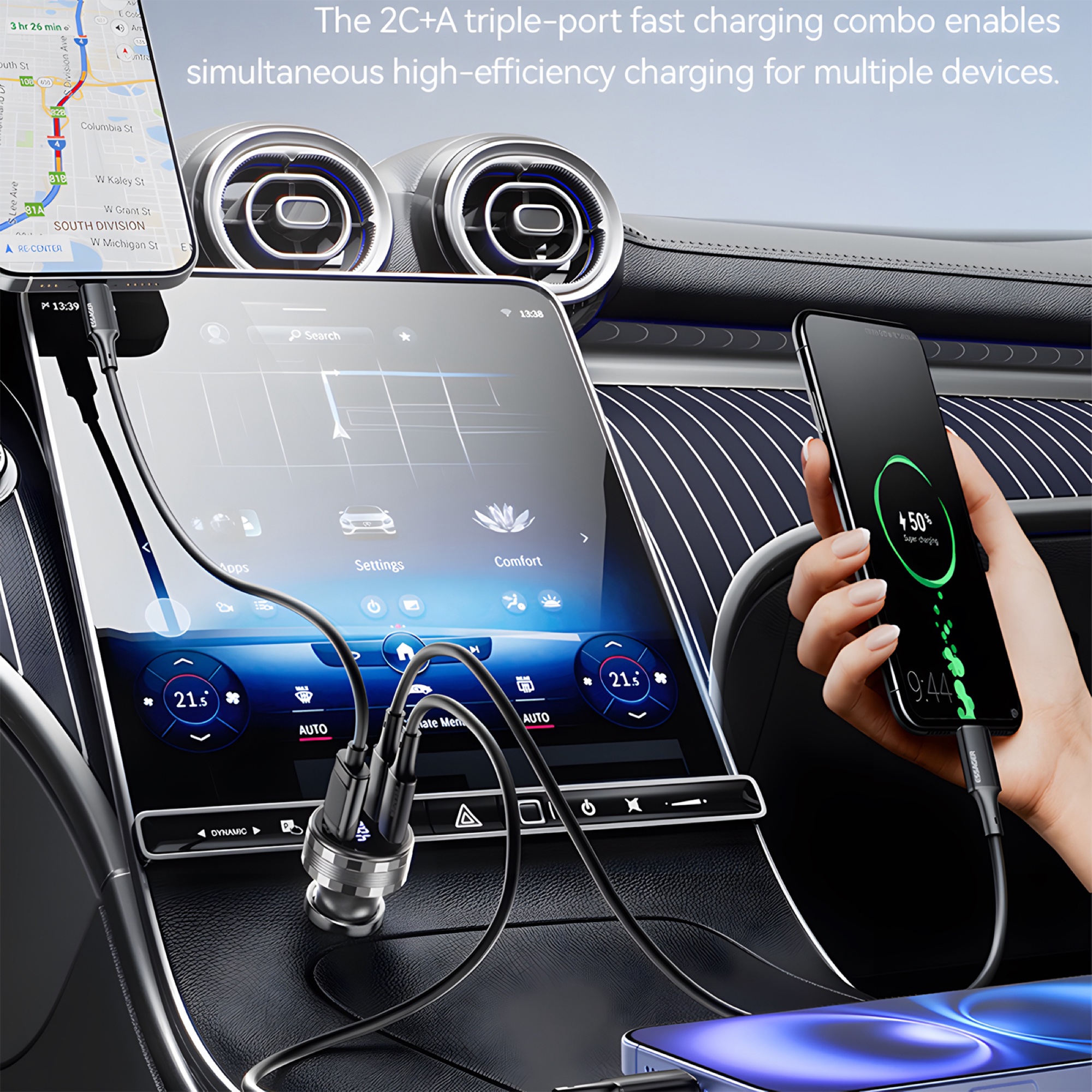 108W Araç Şarj Cihazı 2x 45W USB-C PD + USB-A, Alüminyum Gövde, LED Ekran, Gri - 5