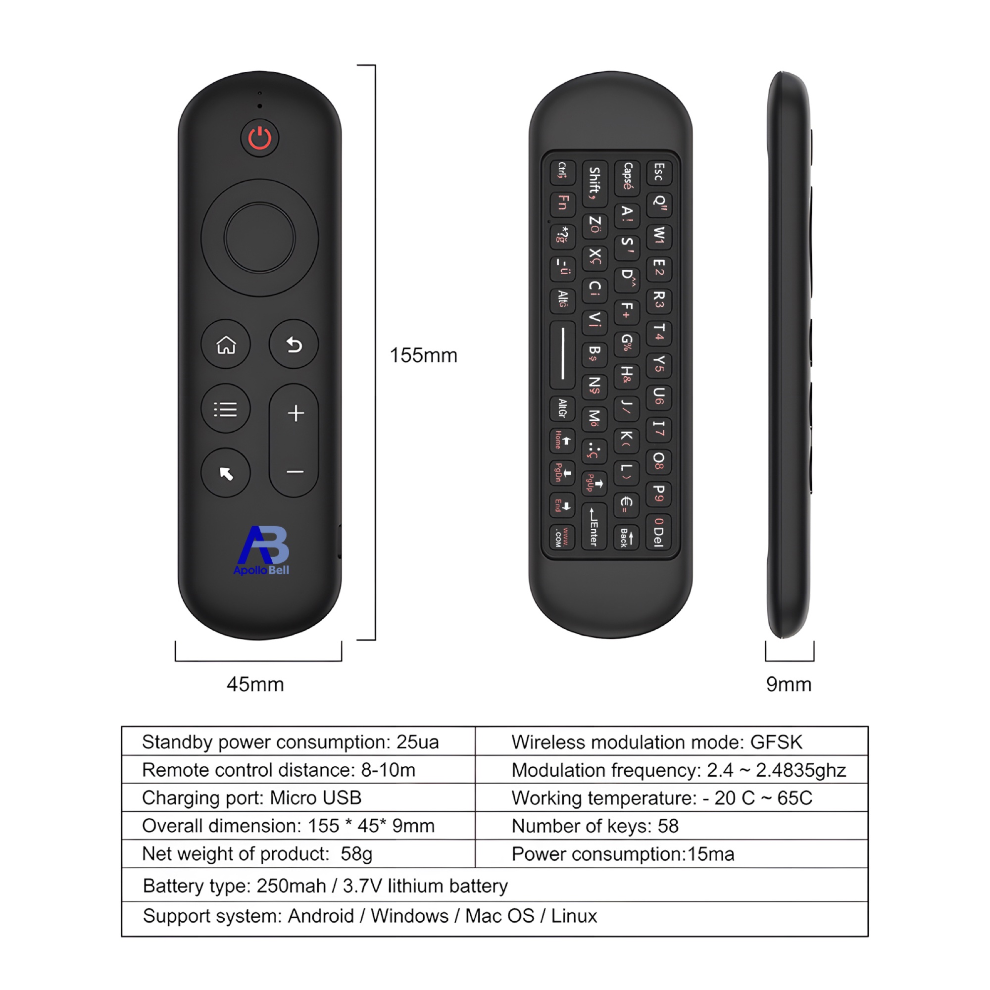 Mini Klavye ve Hava Faresi Uzaktan Kumanda, 2.4G + Bluetooth 5.2 Çift Mod, Siyah - 5
