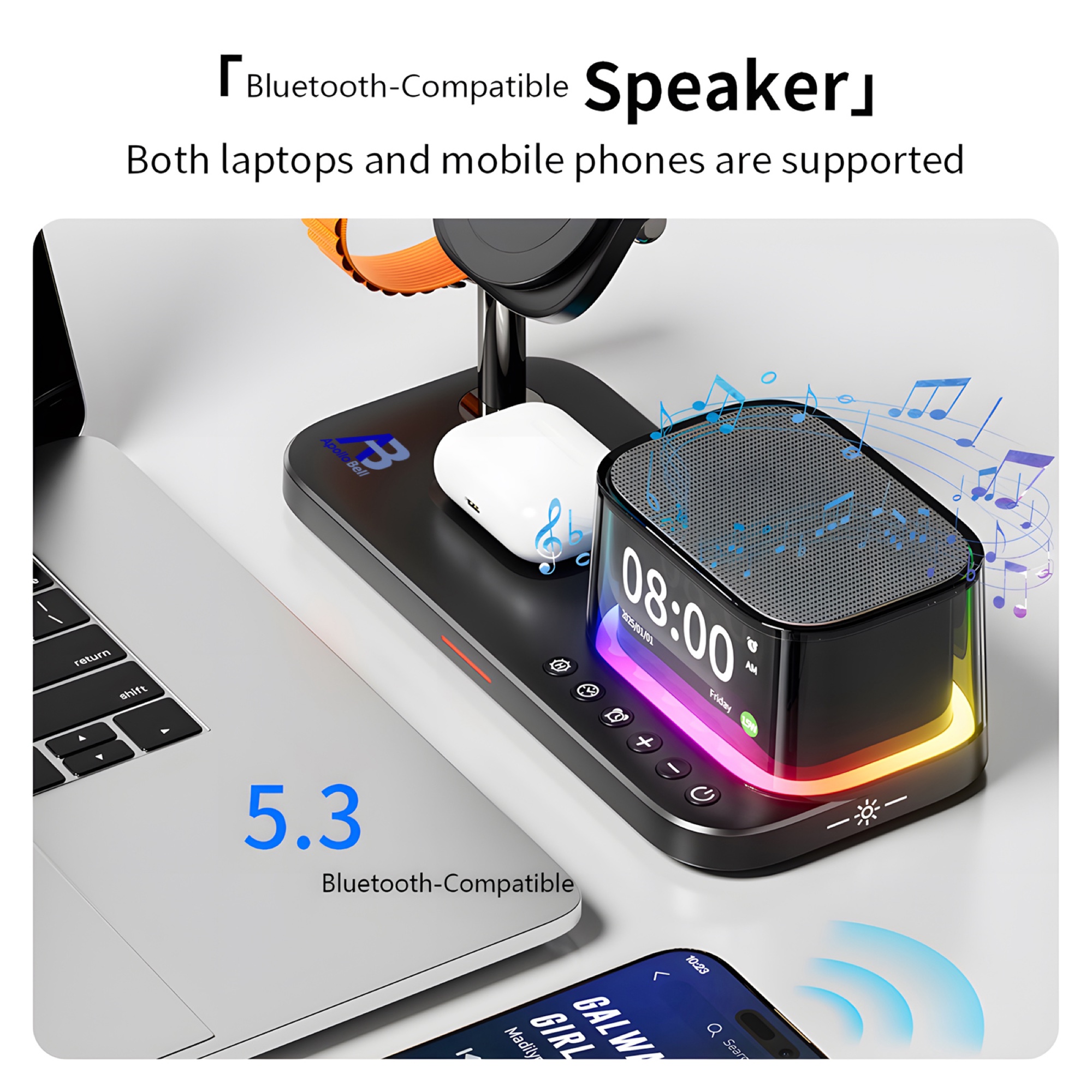 5'i 1 Arada Qi2.2 Manyetik Kablosuz Şarj Cihazı 25W, Bluetooth Hoparlör + Alarm Saati + Gece Lambası, Siyah - 4