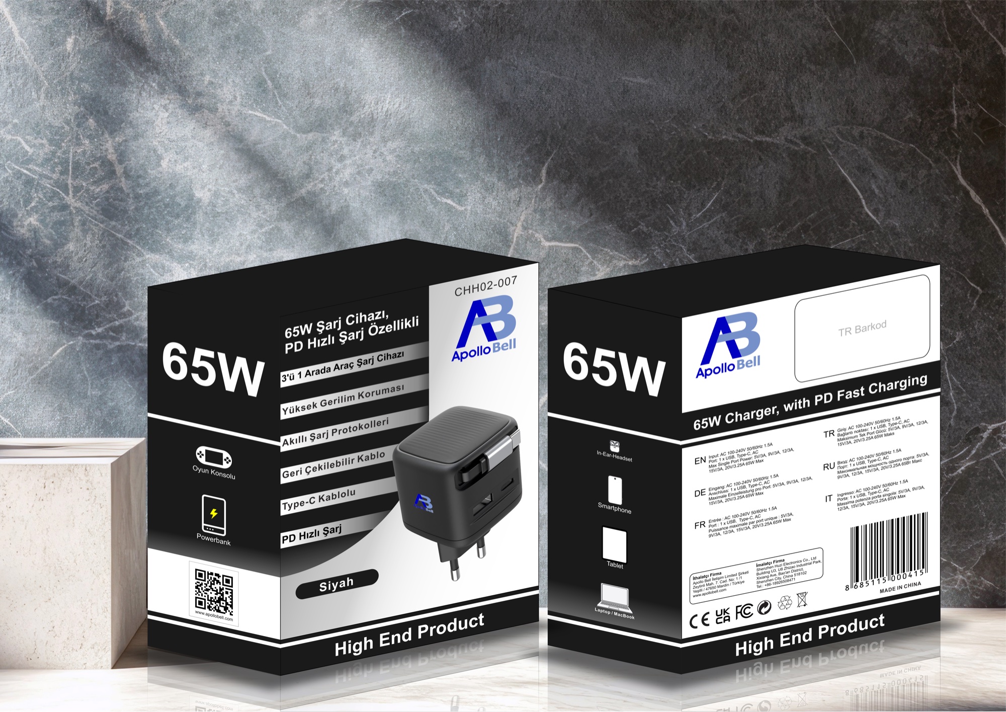 65W GaN Şarj Cihazı, Geri Çekilebilir USB-C Kablolu, PD Hızlı Şarj, Siyah - 6