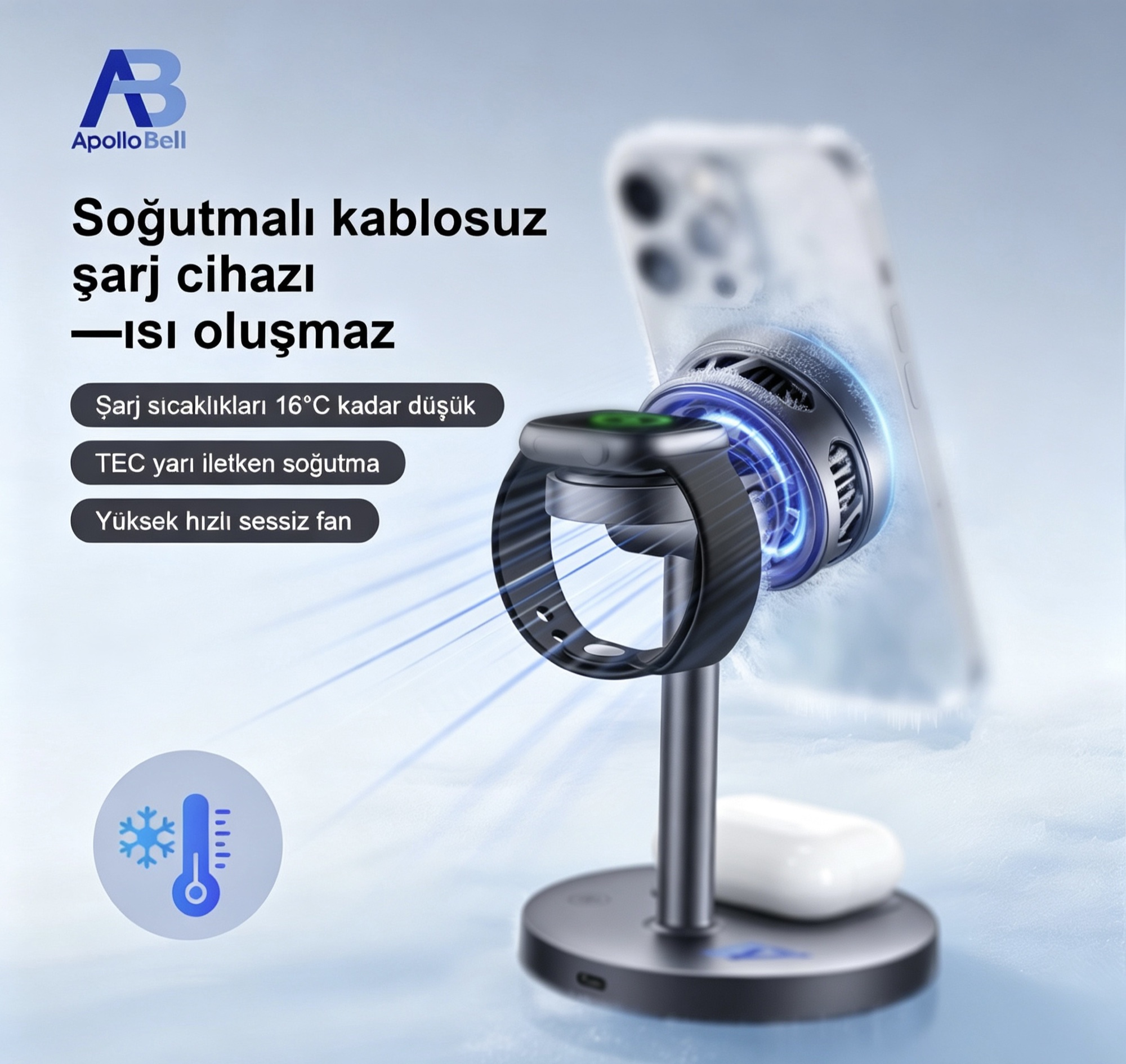 3'ü 1 Arada Qi2.2 Manyetik Kablosuz Şarj Cihazı 25W, TEC Soğutmalı, Gri - 3