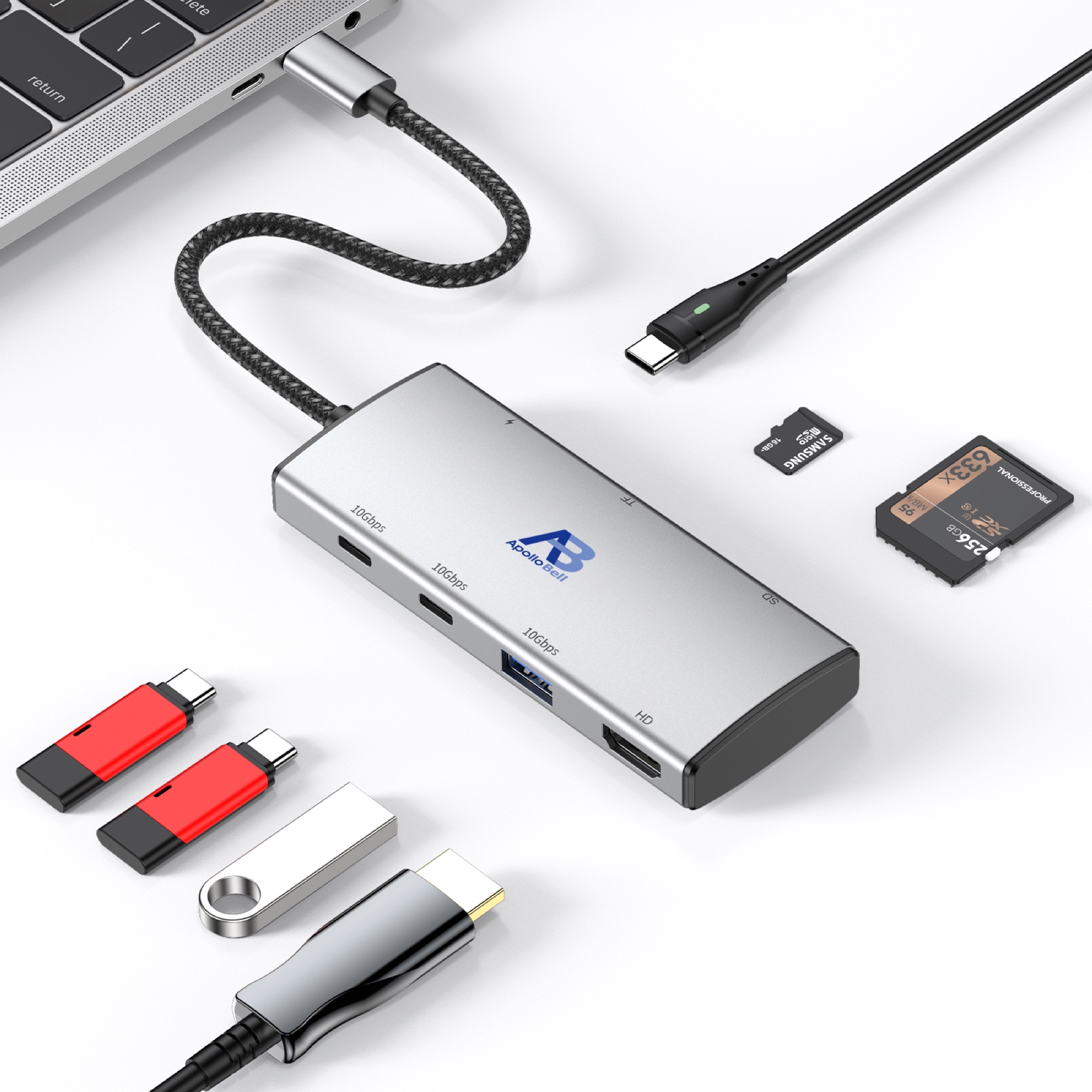 7 Portlu USB-C Docking Station 10Gbps, 4K@60Hz HDMI, 100W PD, SD/TF, Gri - 4