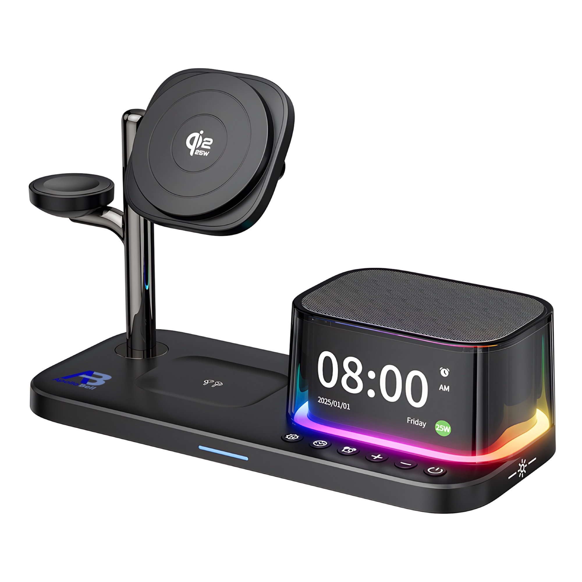 5'i 1 Arada Qi2.2 Manyetik Kablosuz Şarj Cihazı 25W, Bluetooth Hoparlör + Alarm Saati + Gece Lambası, Siyah