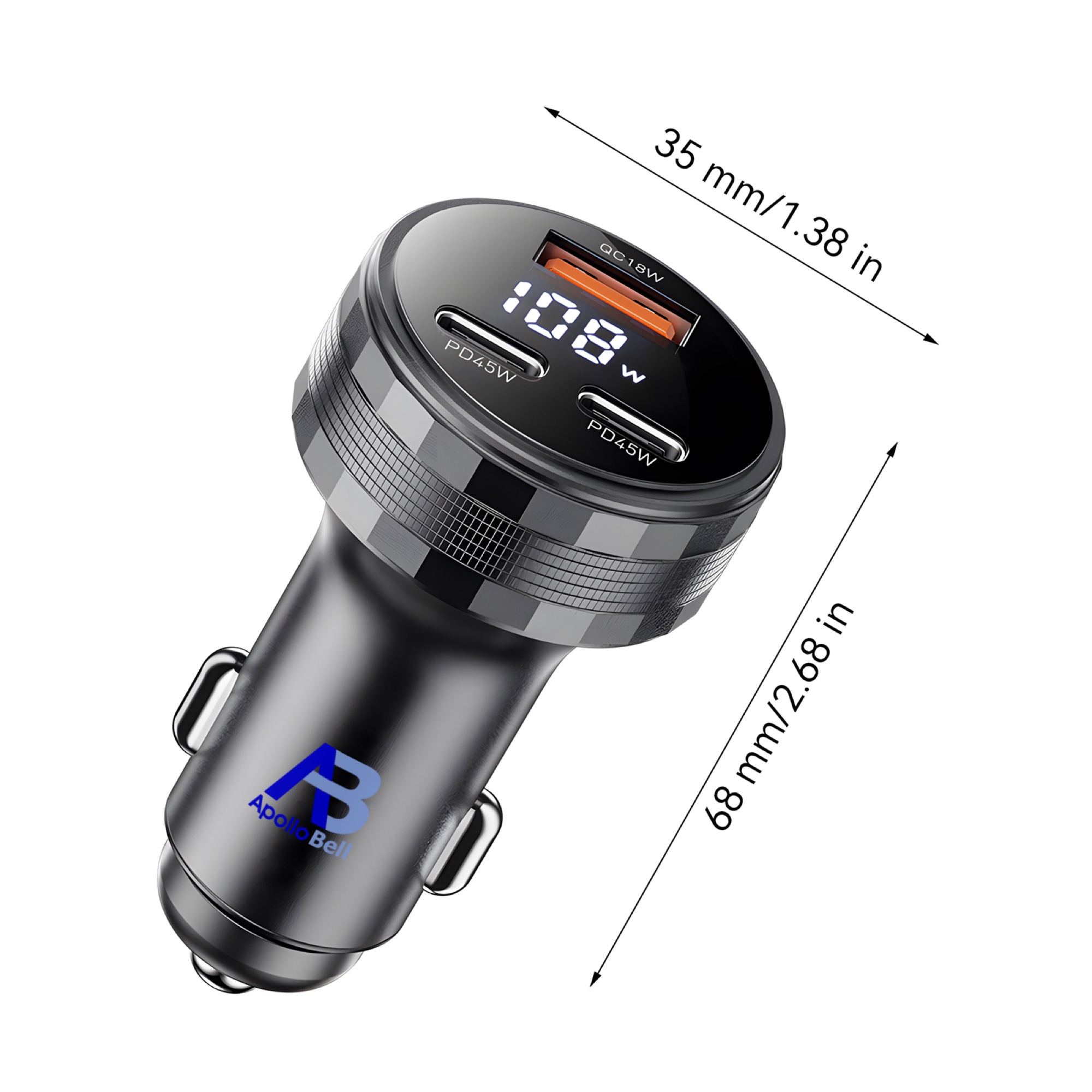 108W Araç Şarj Cihazı 2x 45W USB-C PD + USB-A, Alüminyum Gövde, LED Ekran, Gri - 10