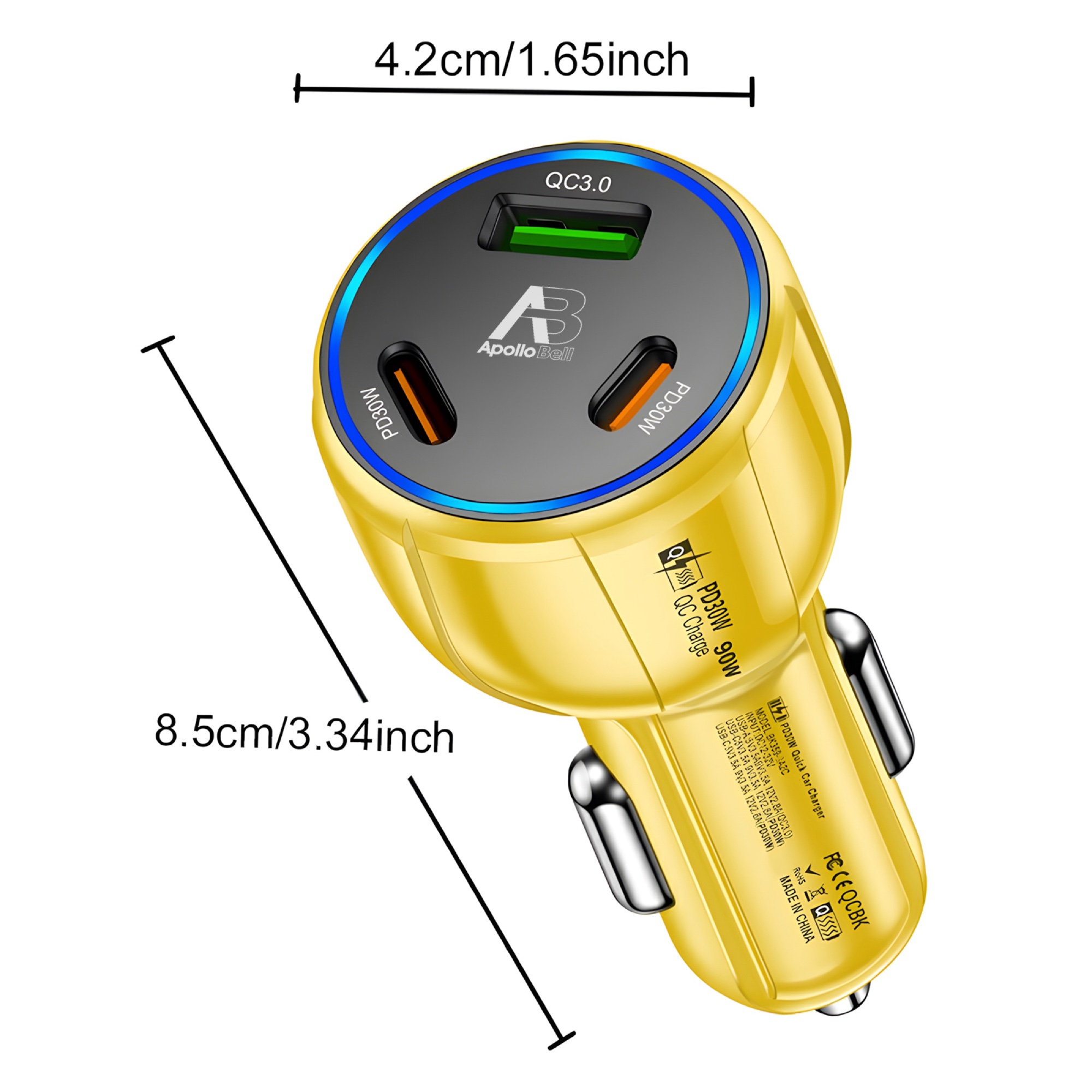 90W 3 Portlu Araç Şarj Cihazı, QC3.0 USB-A + 2x 30W USB-C PD, Beyaz - 8