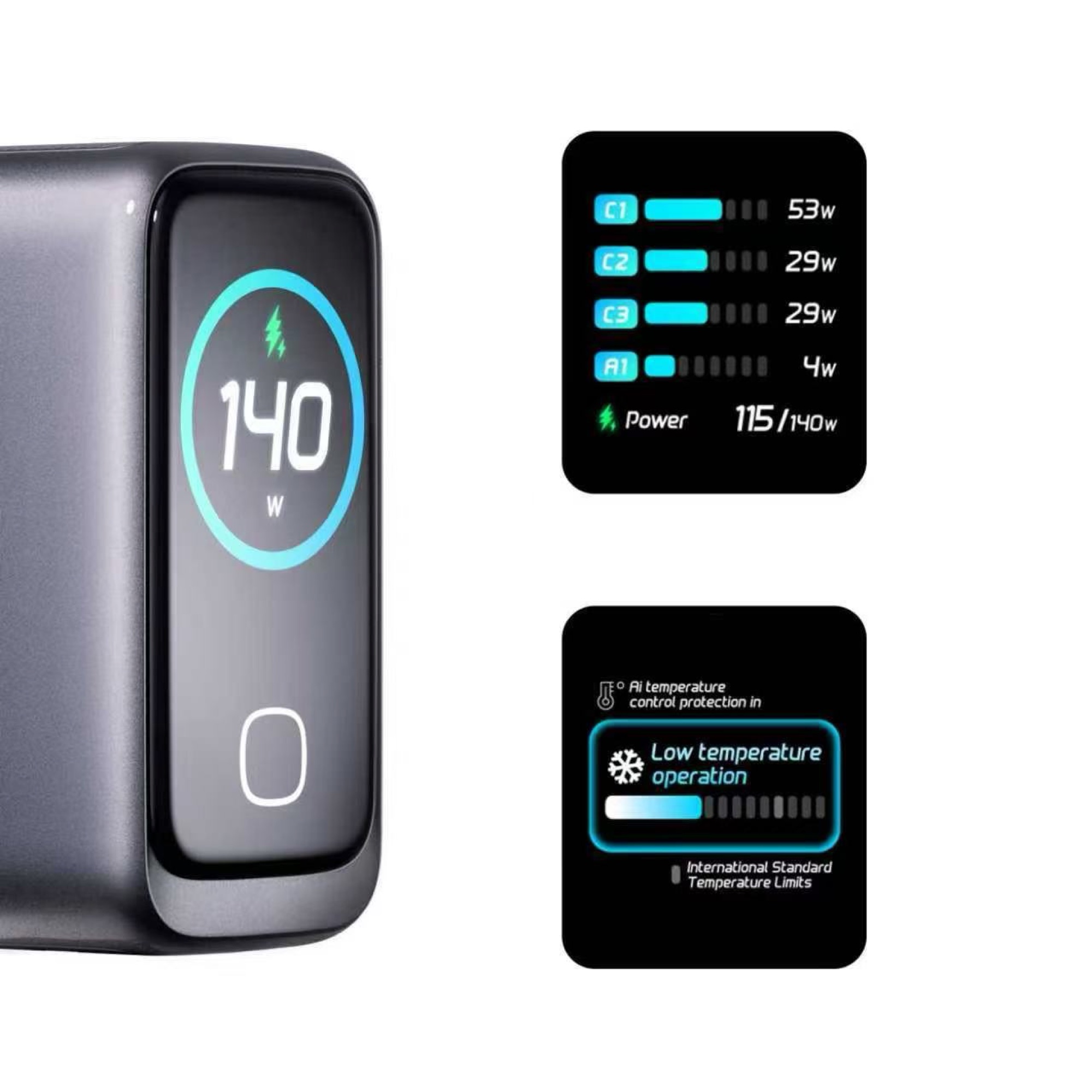 140W GaN Ultra Hızlı Şarj Cihazı, HD LCD Ekran, 3x USB-C + USB-A PD3.1 - 2