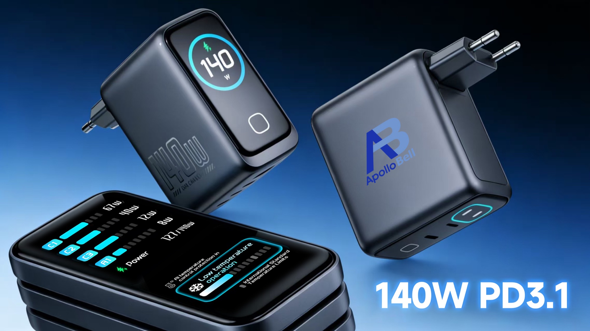 140W GaN Ultra Hızlı Şarj Cihazı, HD LCD Ekran, 3x USB-C + USB-A PD3.1 - 8