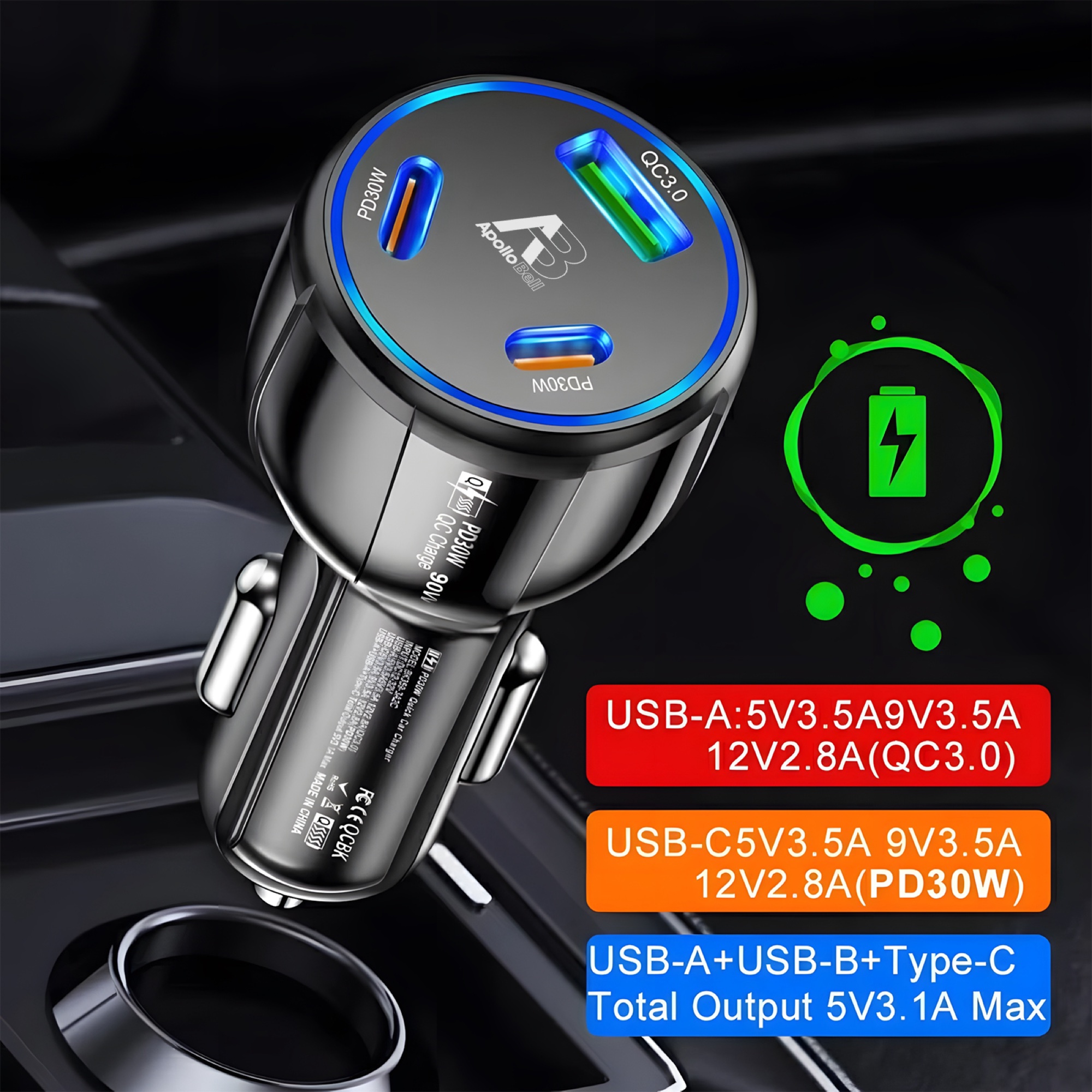 90W 3 Portlu Araç Şarj Cihazı, QC3.0 USB-A + 2x 30W USB-C PD, Beyaz - 3