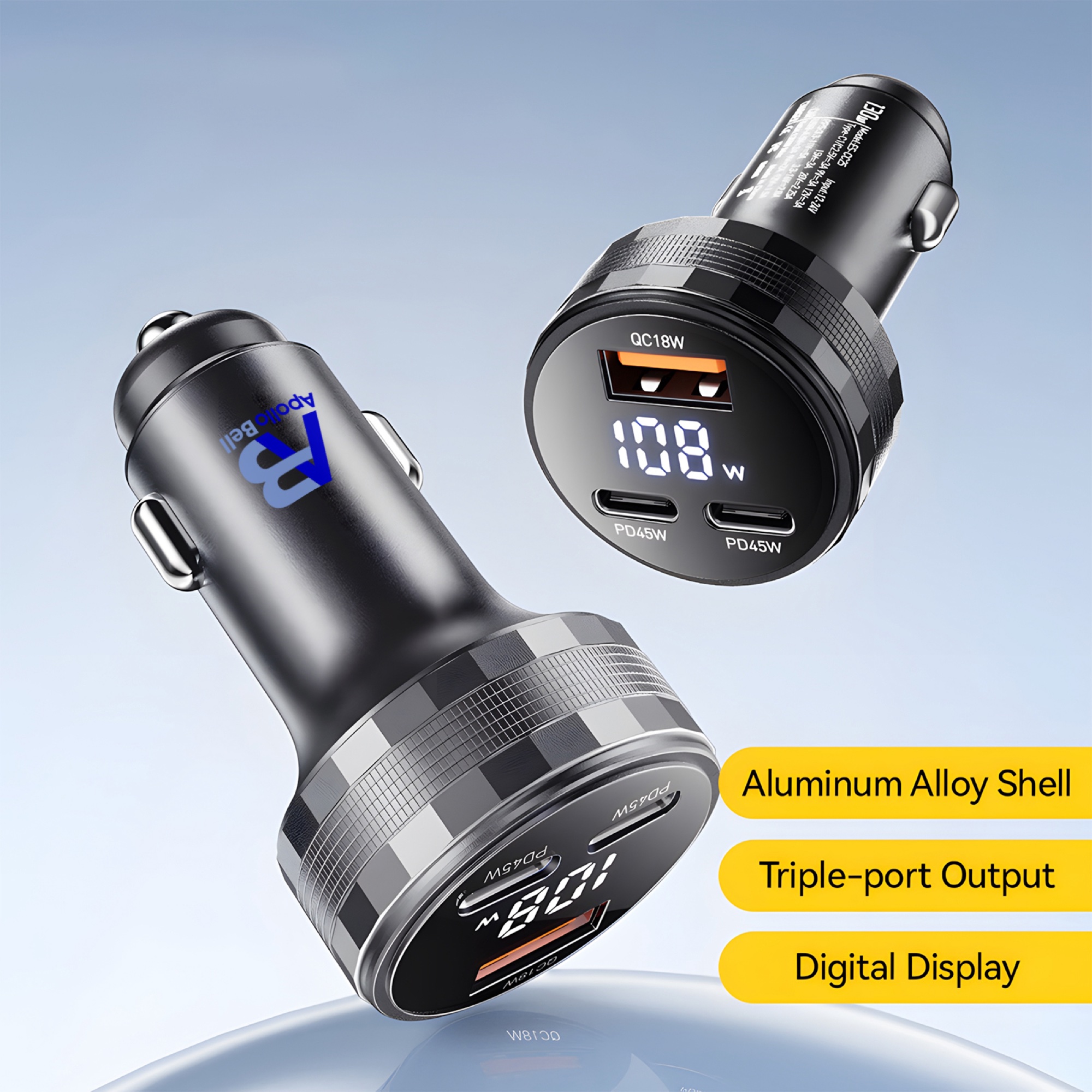 108W Araç Şarj Cihazı 2x 45W USB-C PD + USB-A, Alüminyum Gövde, LED Ekran, Gri - 9