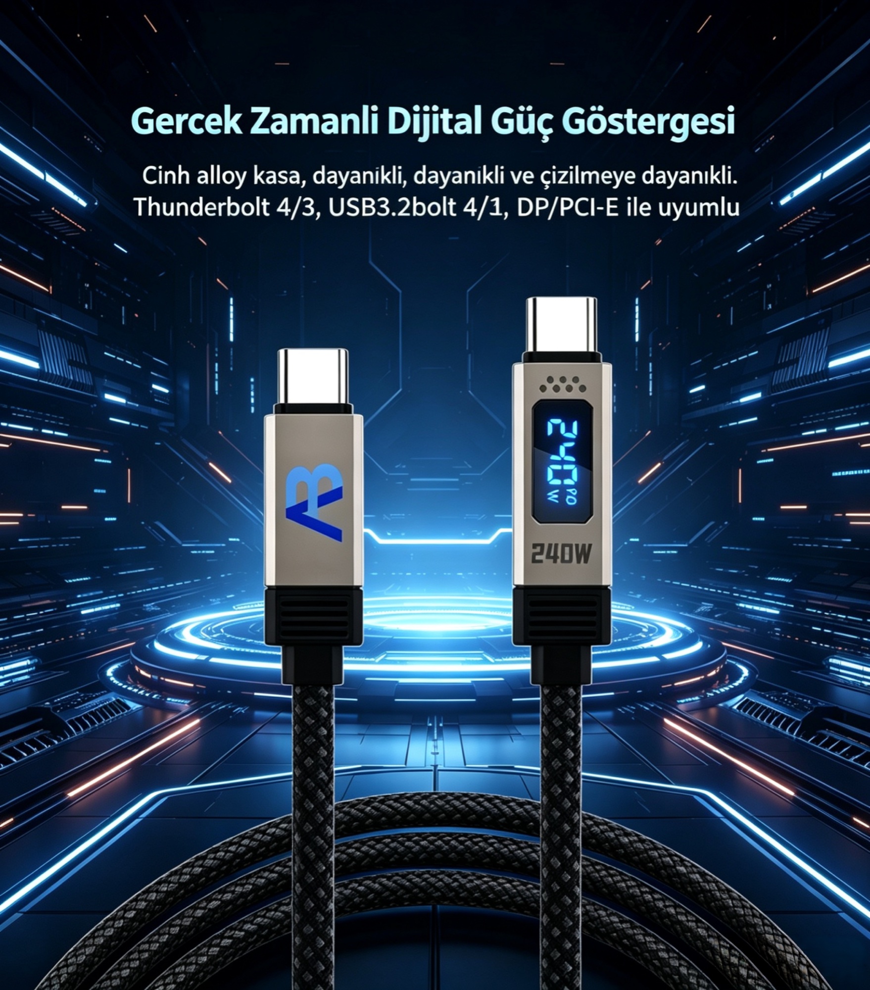 USB4 Gen 3 Kablo 240W / 40Gbps Dijital Ekranlı Örgülü USB-C, 100cm Siyah