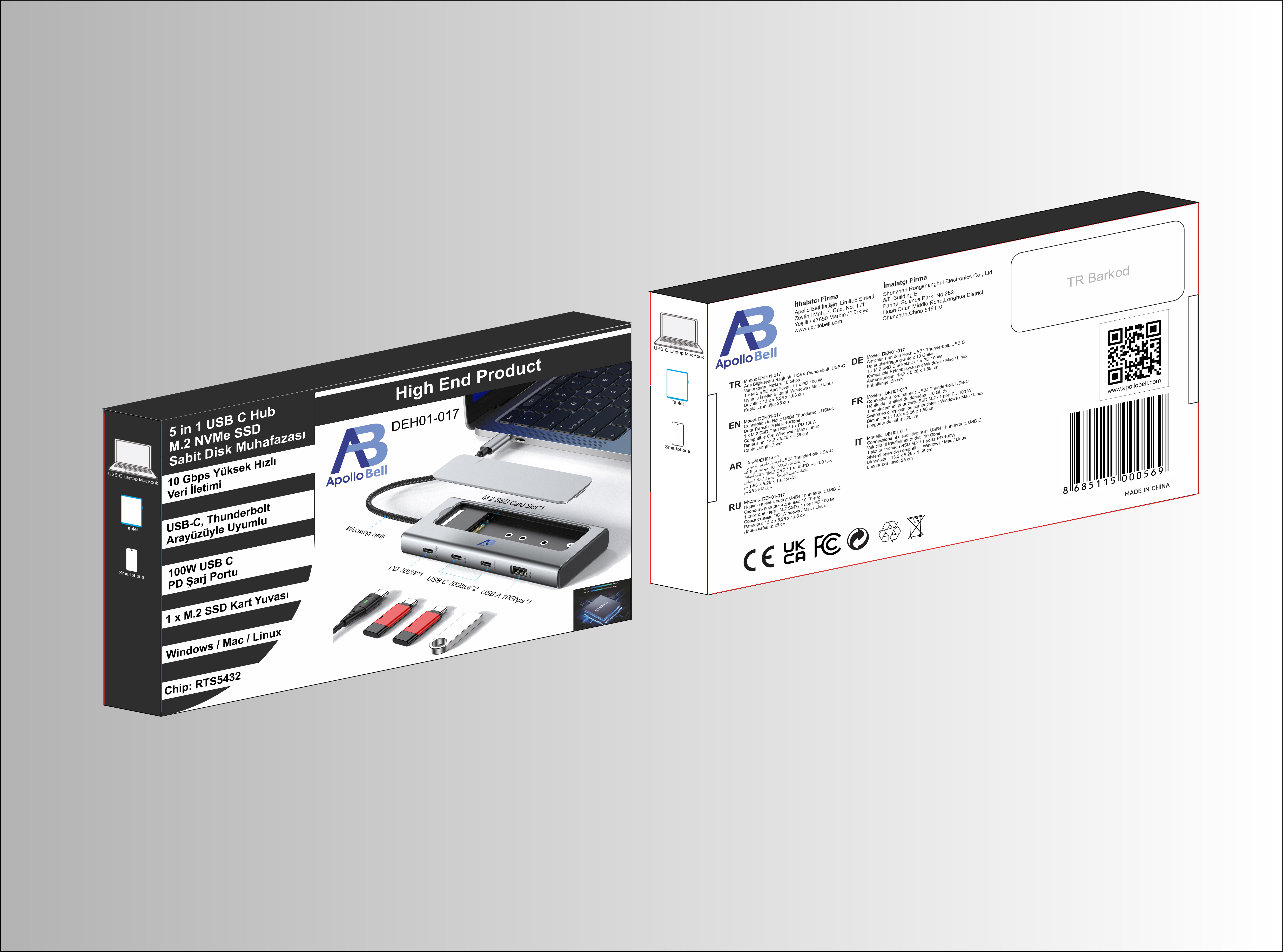 DEH01-017 ApolloBell  5-in-1 USB-C-Hub M.2 NVMe SSD Sabit Disk Muhafazası