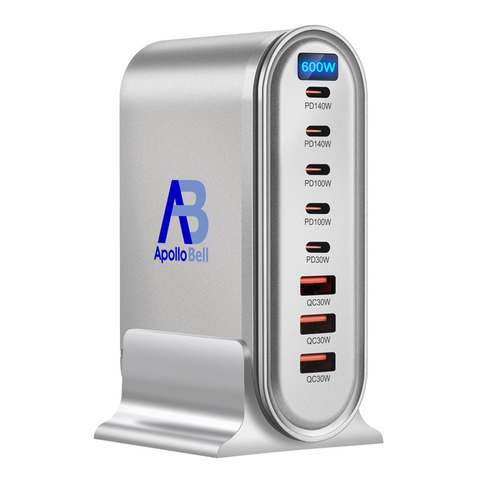 600W GaN Pro USB-C 8 Portlu Masaüstü Hızlı Şarj İstasyonu, LCD Ekranlı, Gümüş
