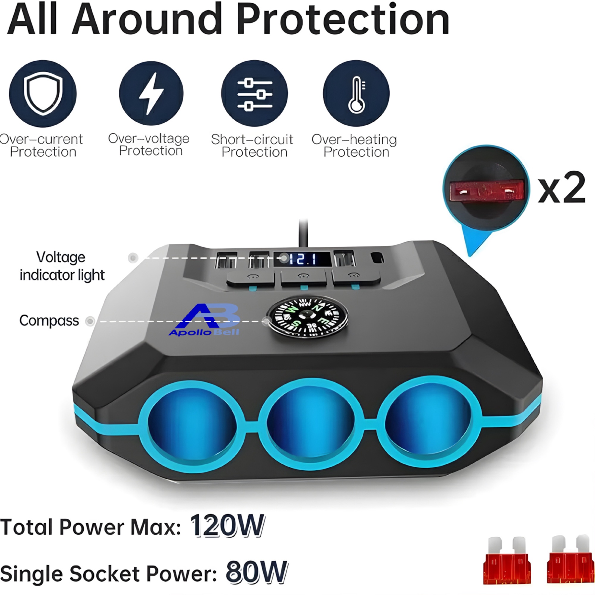 120W Araç Çakmak Çoğaltıcı 3 Çakmak Soketi + 3 USB-A + Type-C, Voltaj Göstergeli, Siyah - 3