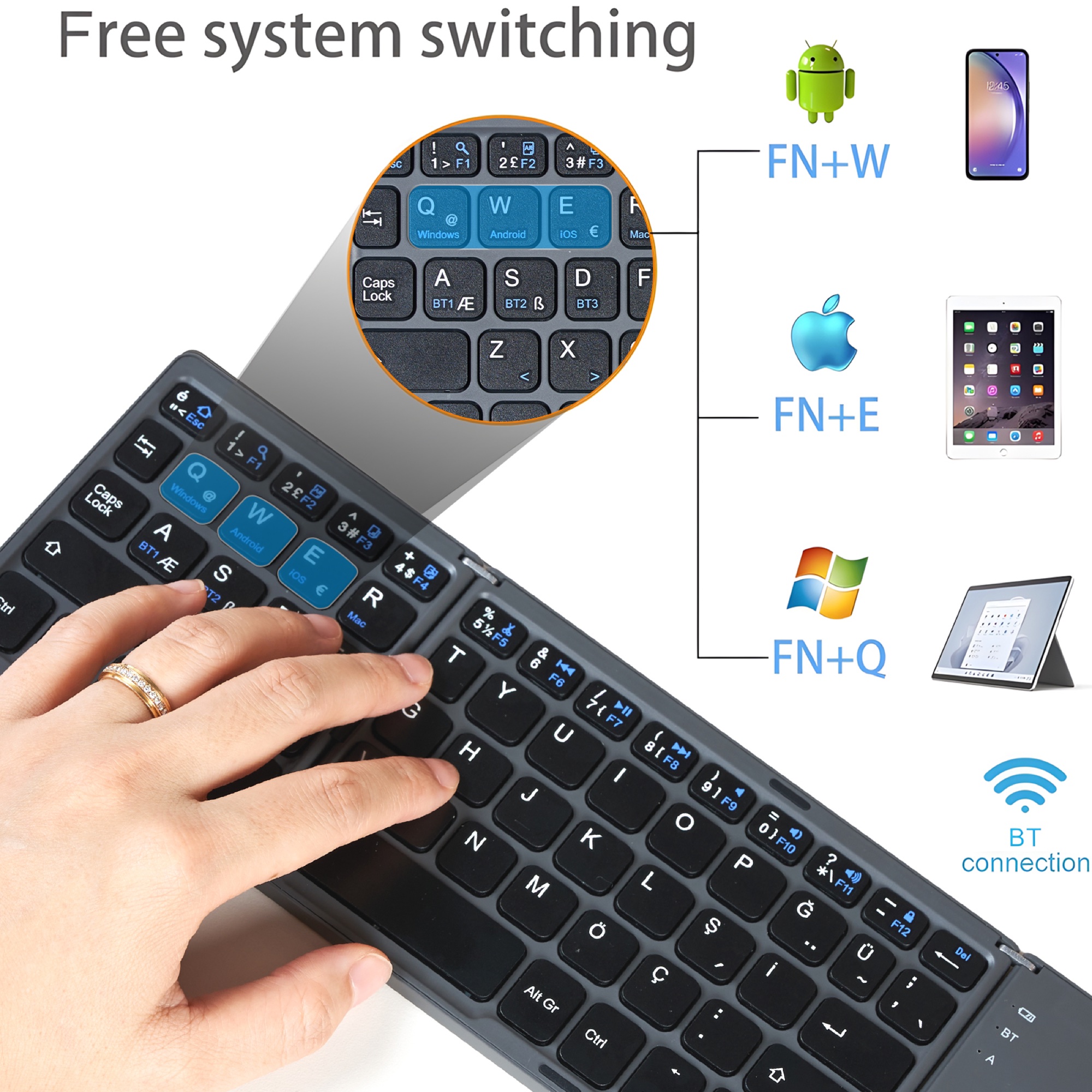Katlanabilir Bluetooth Klavye, Dokunmatik Yüzeyli Üç Katlı, Gri - 6