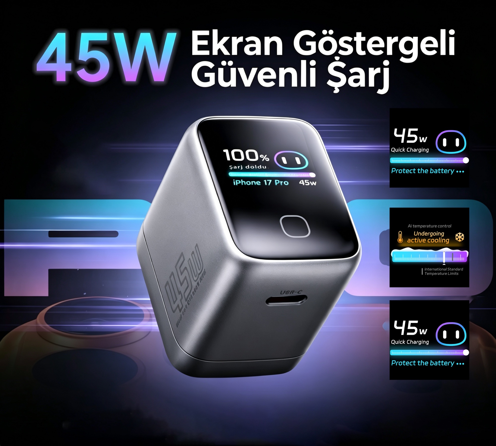 45W Pro Mini GaN Hızlı Şarj Cihazı, Akıllı Ekran, USB-C PD3.1 - 11