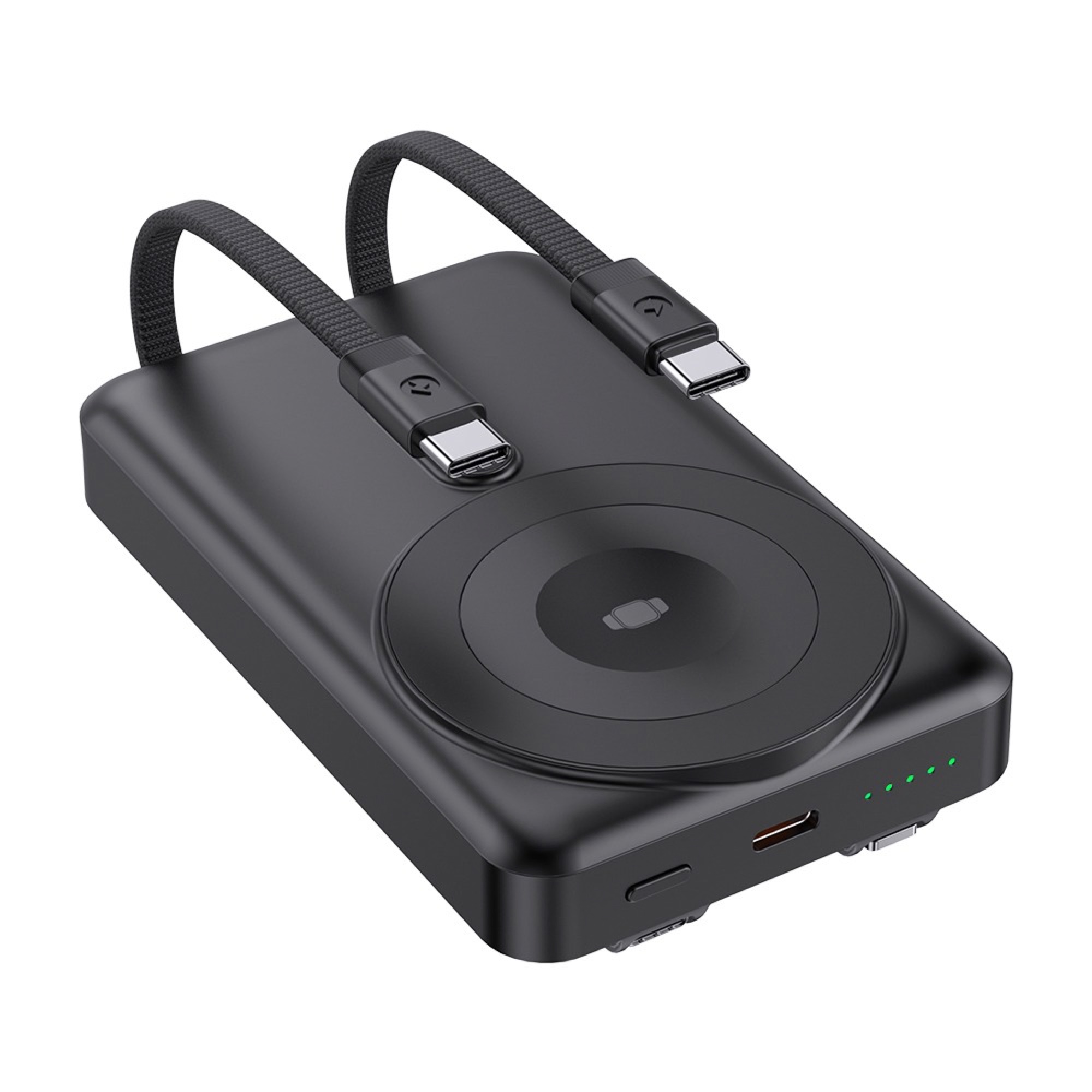 10.000mAh 3'ü 1 Arada Manyetik Kablosuz Powerbank, Dahili USB-C Kablolu ve Standlı, Siyah
