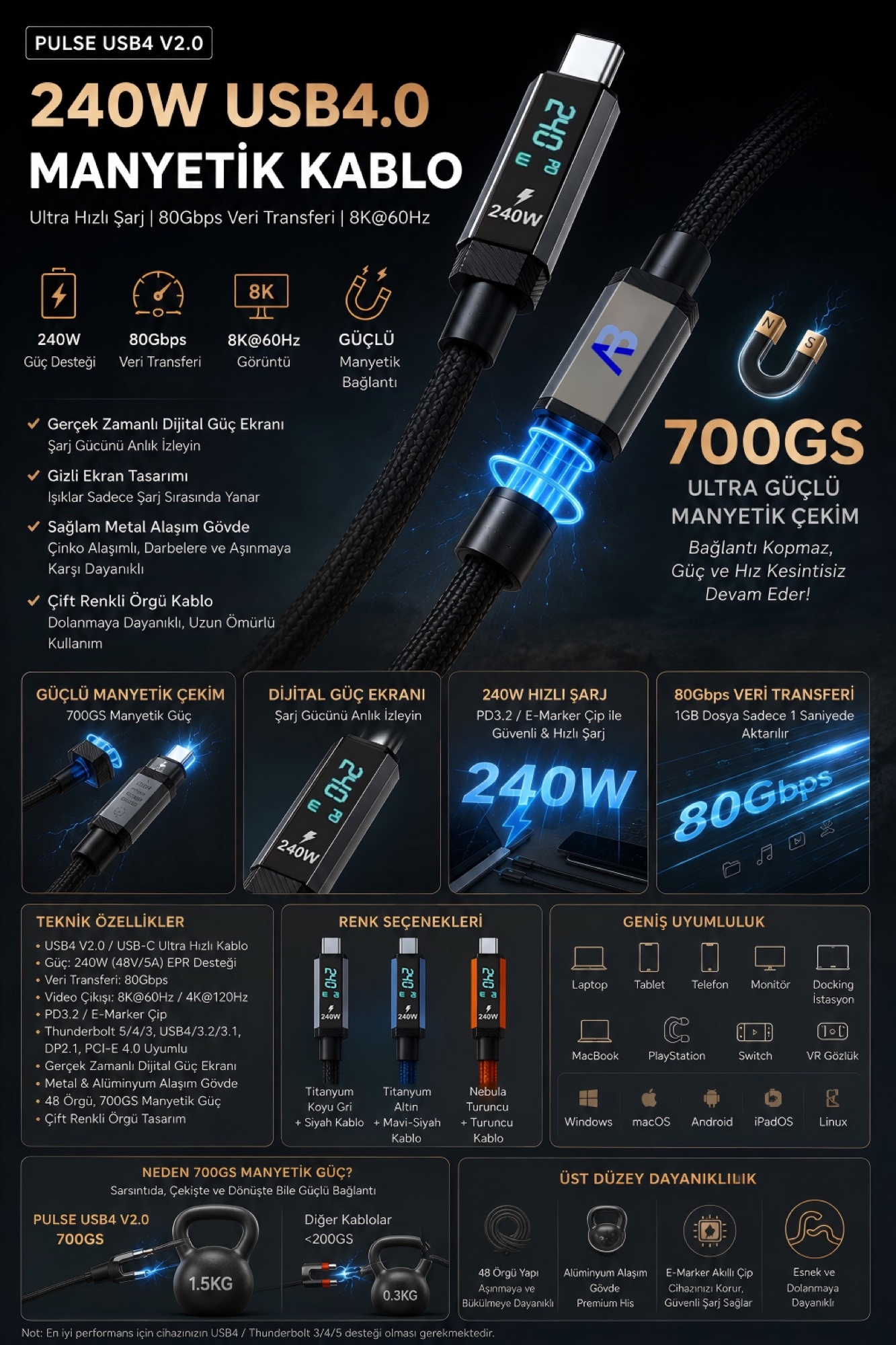 USB4 V2.0 Manyetik Kablo 240W / 80Gbps Dijital Ekranlı Örgülü USB-C, 100cm Siyah - 4