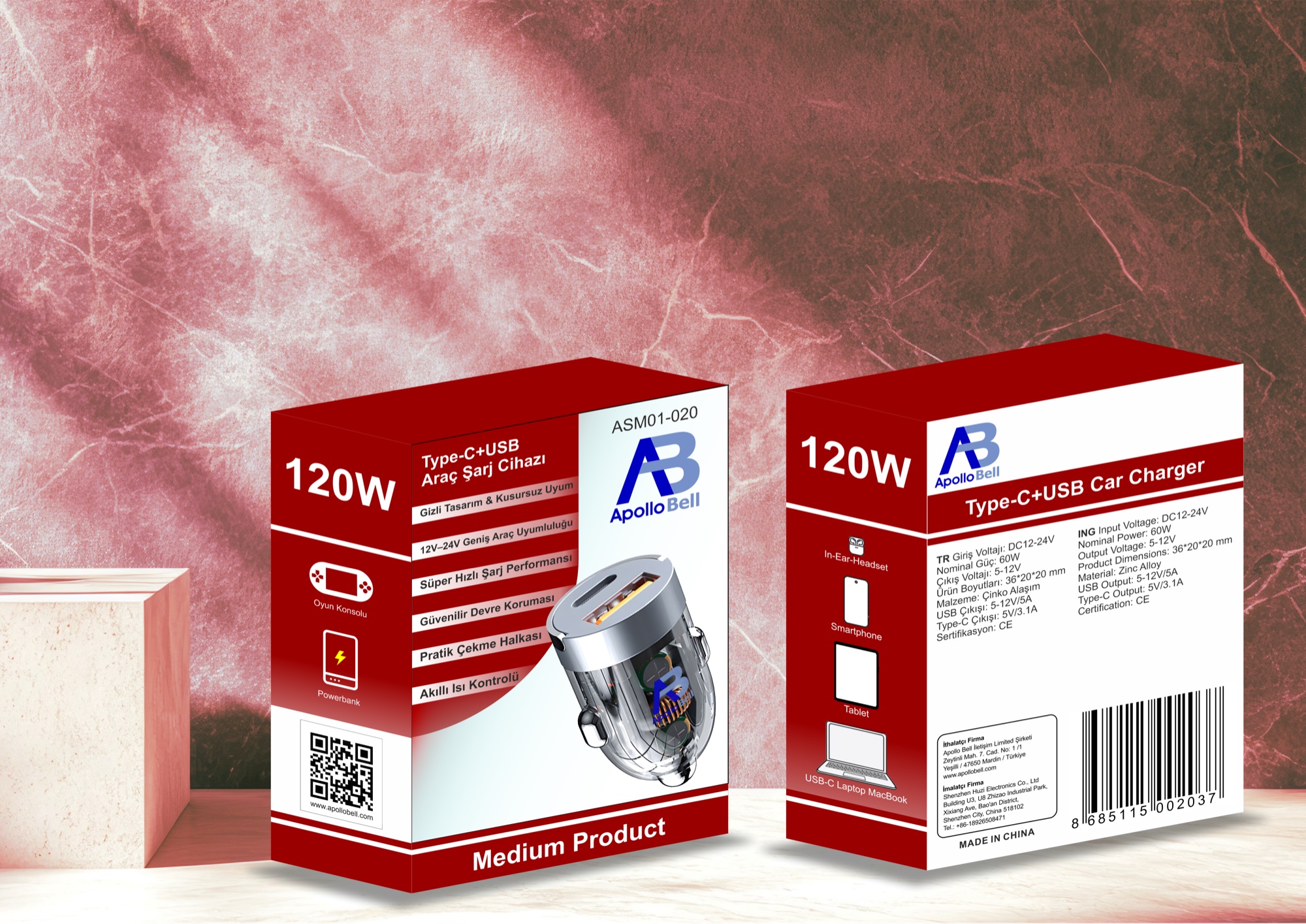 Type-C + USB 120W Şeffaf Mini Araç Şarj Cihazı, 12V-24V - 8
