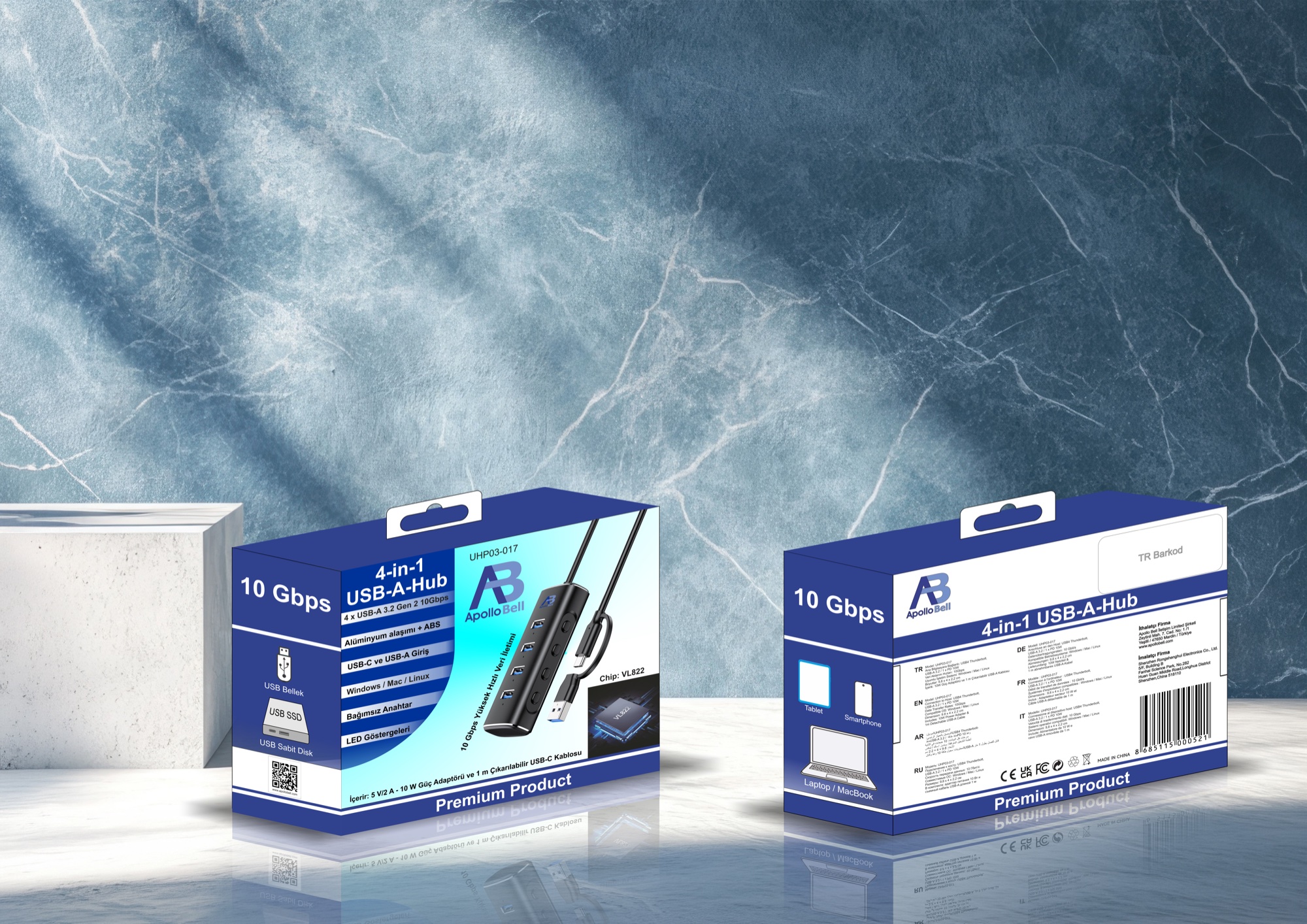 4 Portlu USB-A Hub 10Gbps USB 3.2 Gen 2, Bağımsız Anahtarlı Alüminyum, USB-C/USB-A Girişli, Siyah - 6
