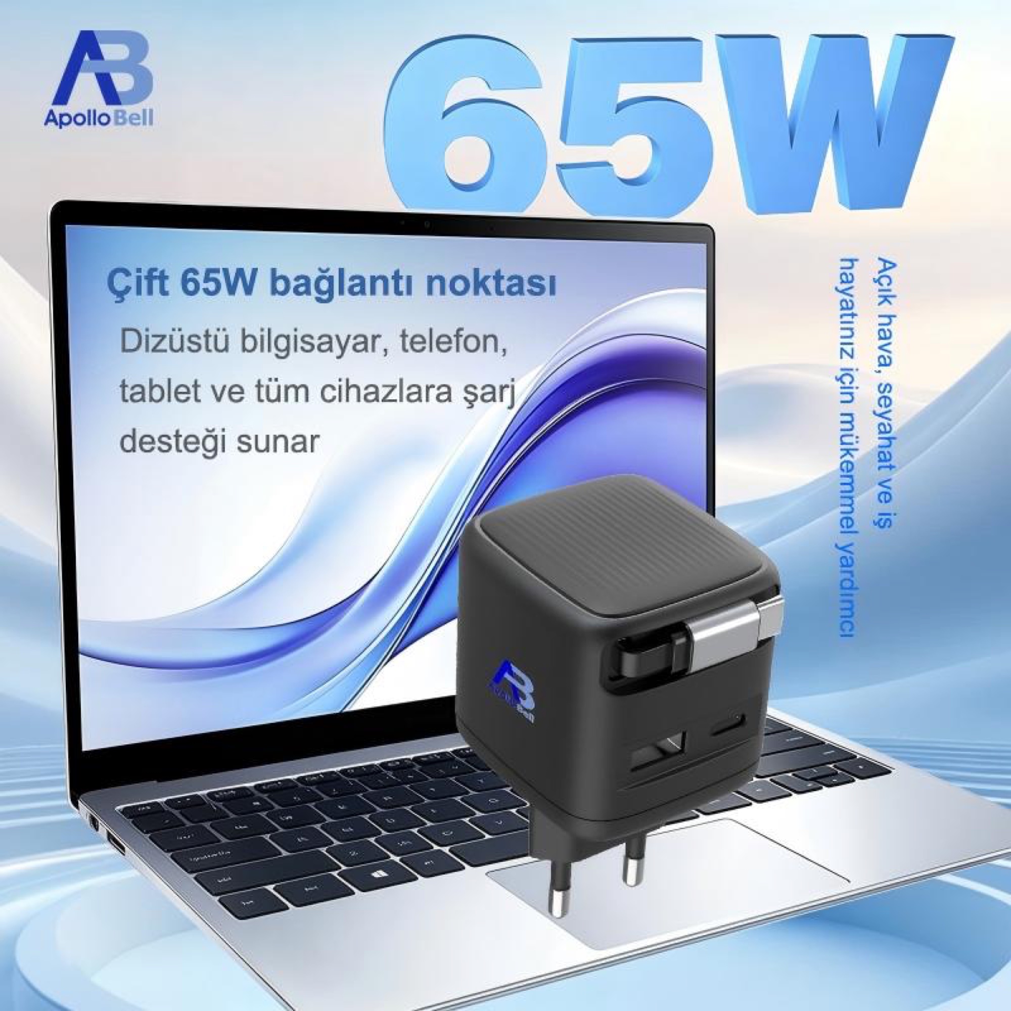 65W GaN Şarj Cihazı, Geri Çekilebilir USB-C Kablolu, PD Hızlı Şarj, Siyah - 5