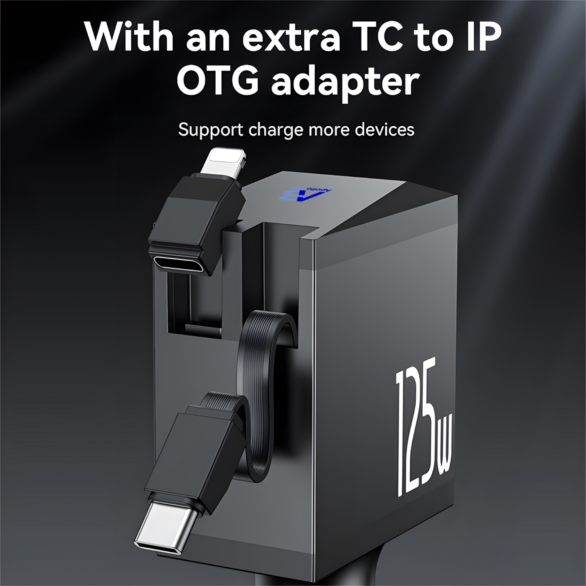 125W Araç Şarj Cihazı USB-A + USB-C, 65W Makaralı Type-C Kablo ve iP Adaptörlü, Siyah - 5