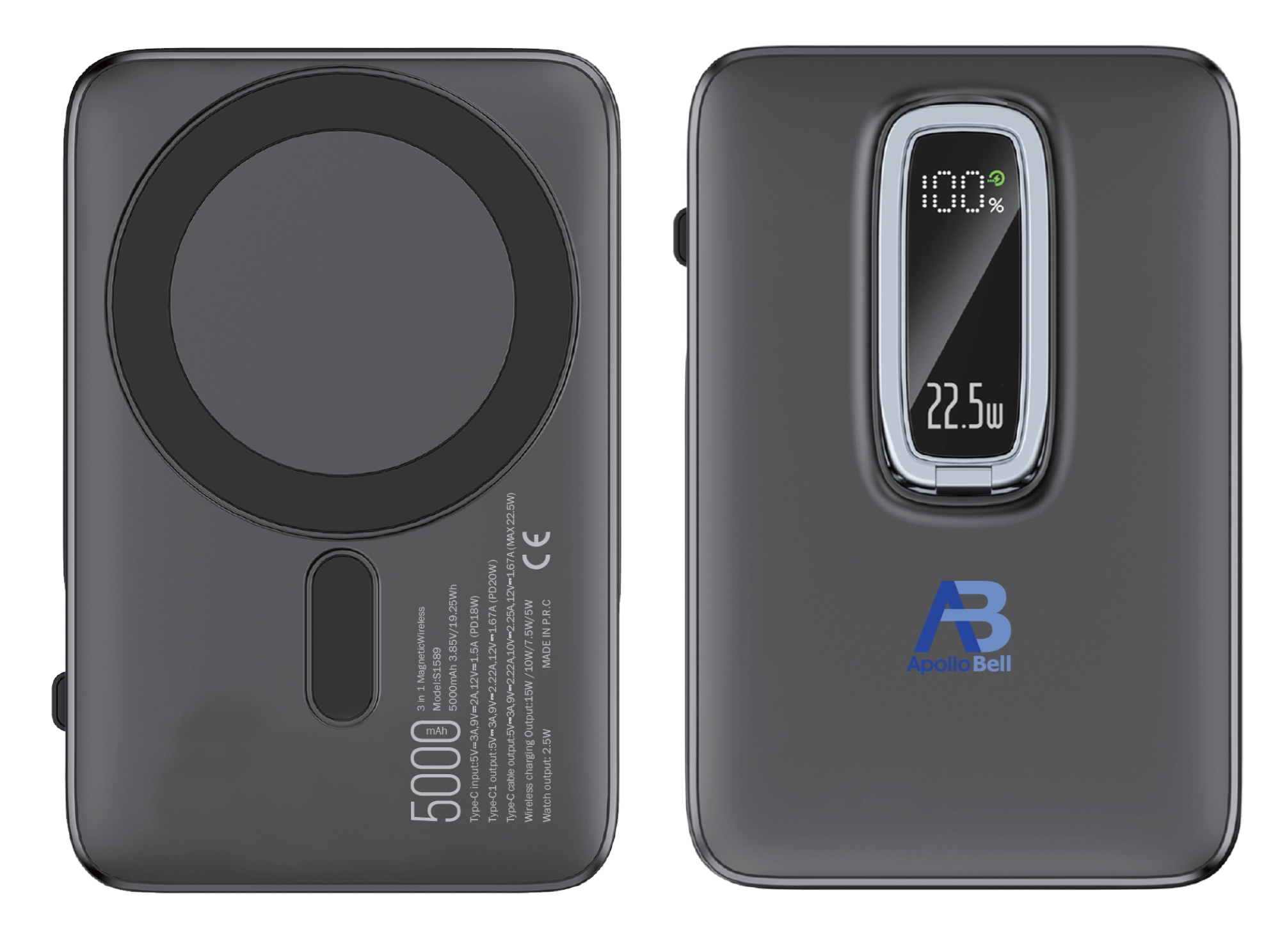 5.000mAh Manyetik Kablosuz Powerbank 22,5W, iWatch Şarjlı, Siyah