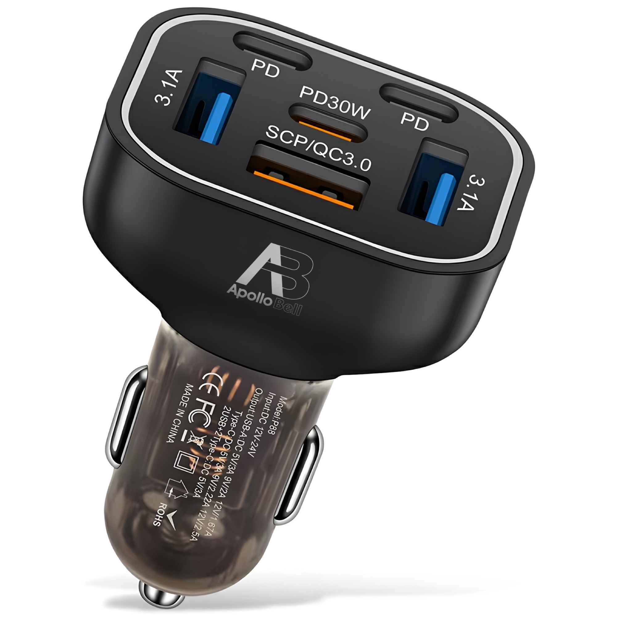 63W 6 Portlu Araç Şarj Cihazı 3x USB-A + 3x Type-C, Renkli LED Işıklı, Siyah