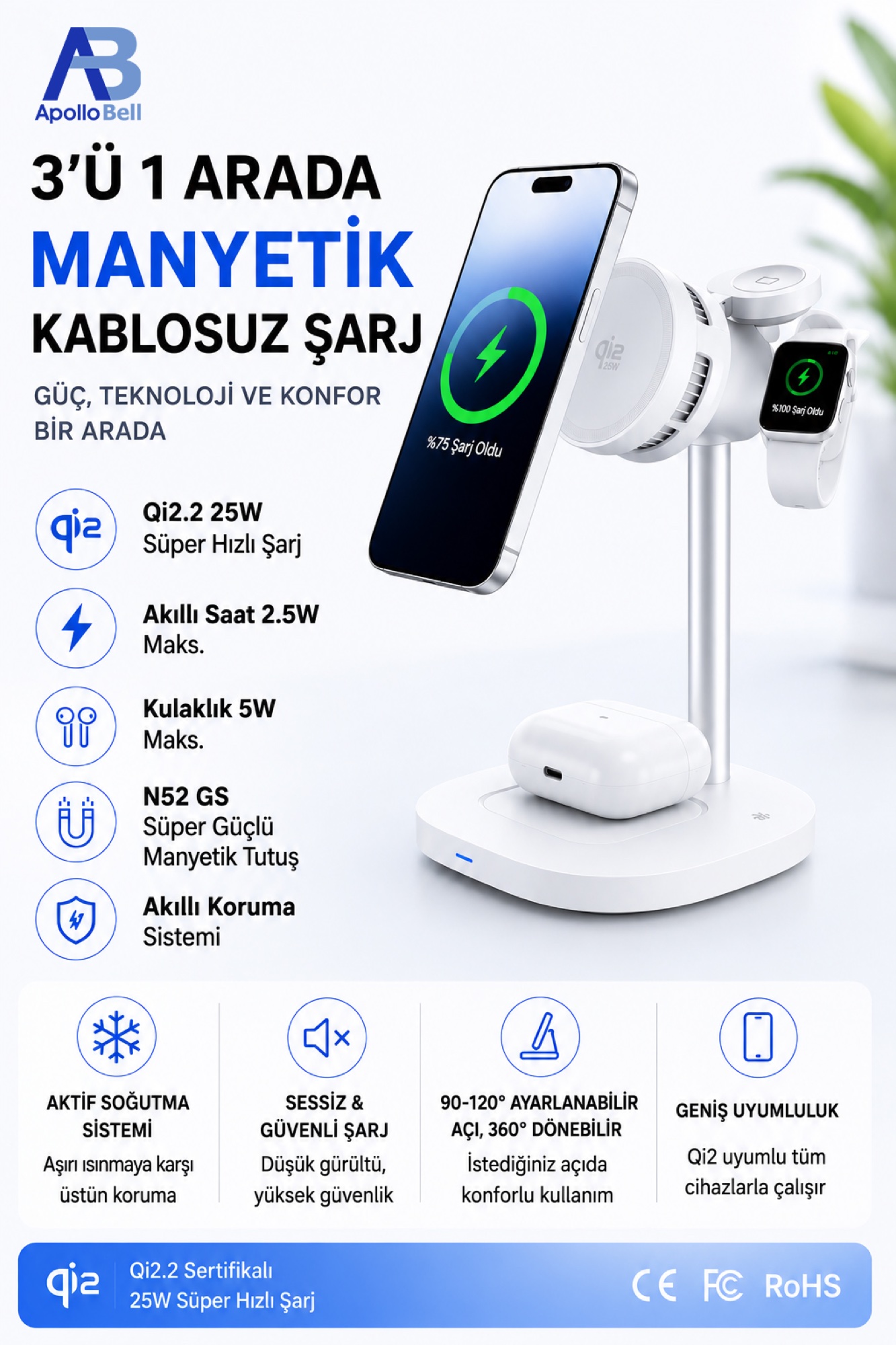 3'ü 1 Arada Qi2.2 Manyetik Kablosuz Şarj Standı 25W, Ayarlanabilir Açı, Beyaz - 2