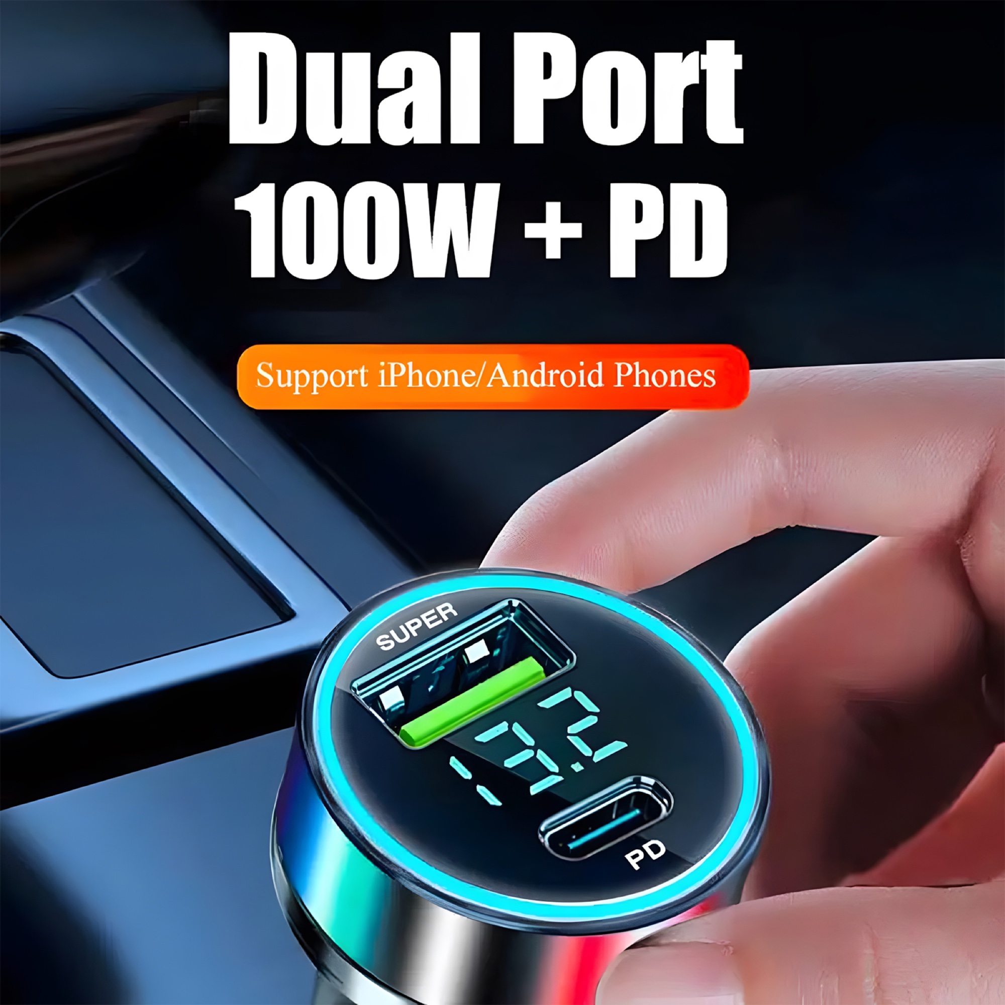 120W Dijital Ekranlı Araç Şarj Cihazı USB-A + PD Type-C, 6A Type-C Kablolu - 4