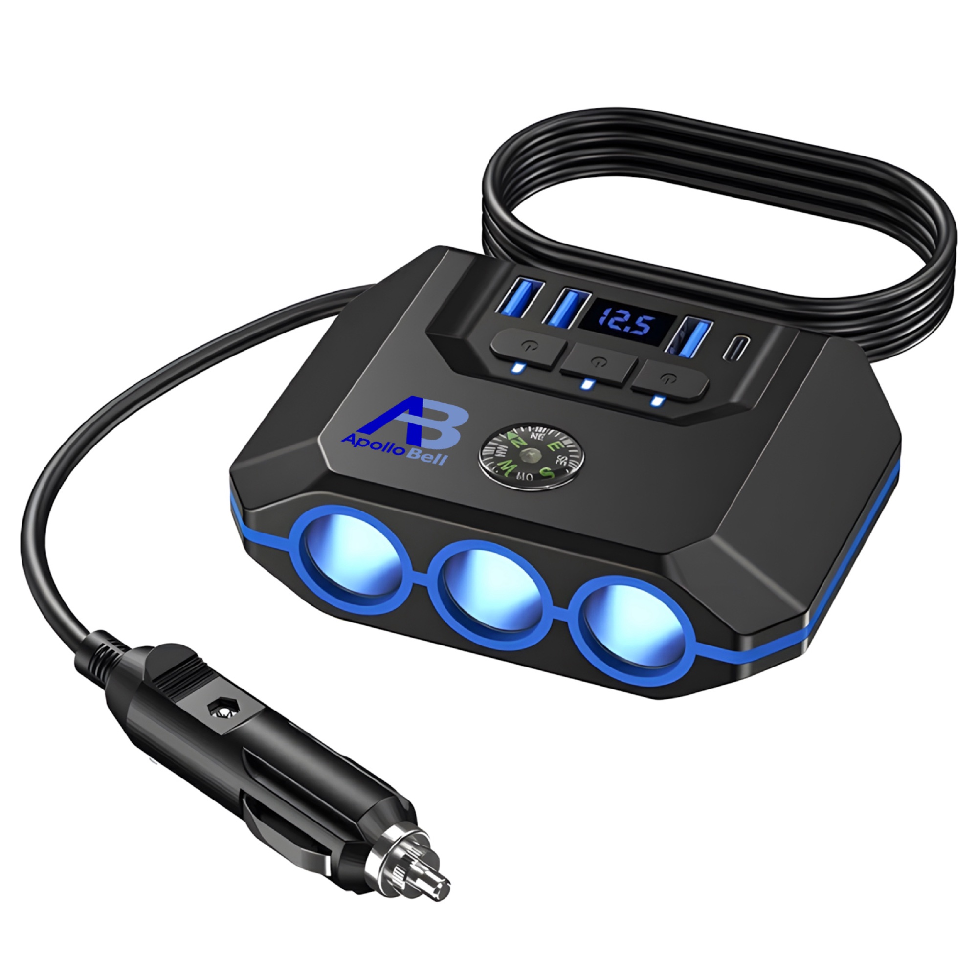120W Araç Çakmak Çoğaltıcı 3 Çakmak Soketi + 3 USB-A + Type-C, Voltaj Göstergeli, Siyah
