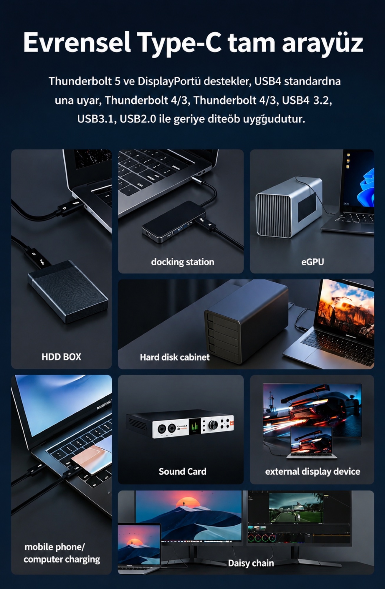 Thunderbolt 5 Kablo 240W / 80Gbps Örgülü USB-C, 150cm Siyah - 8